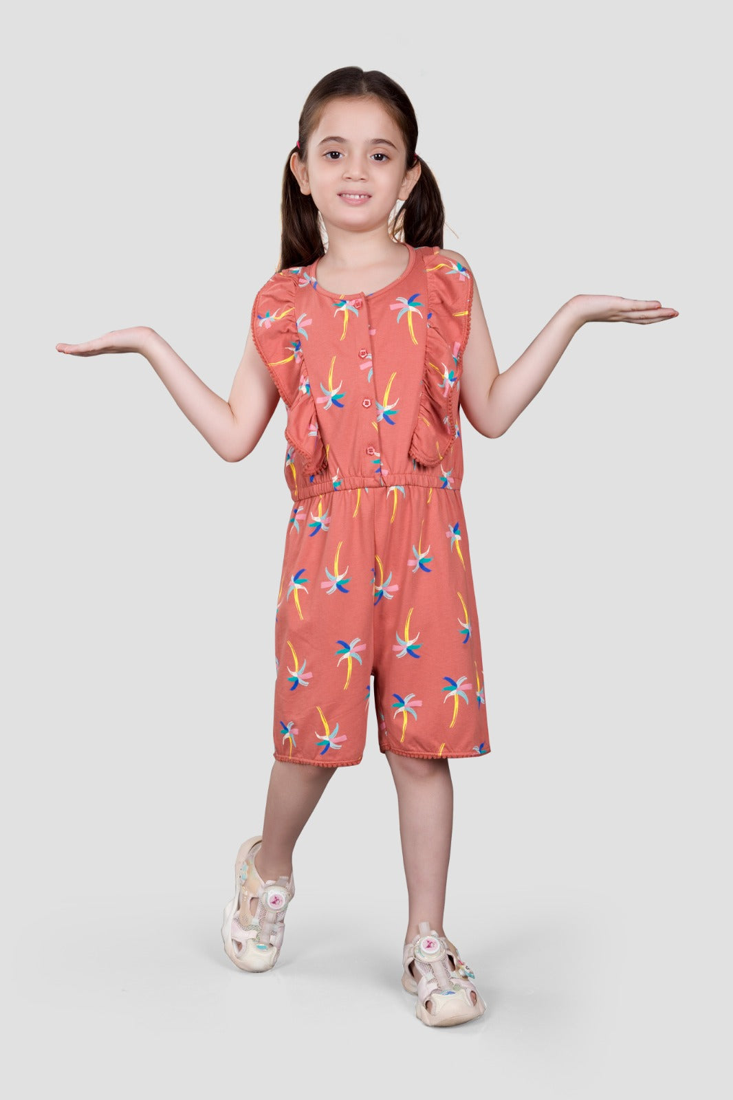 Girls Pure Cotton Printed Playsuit-ORANGE