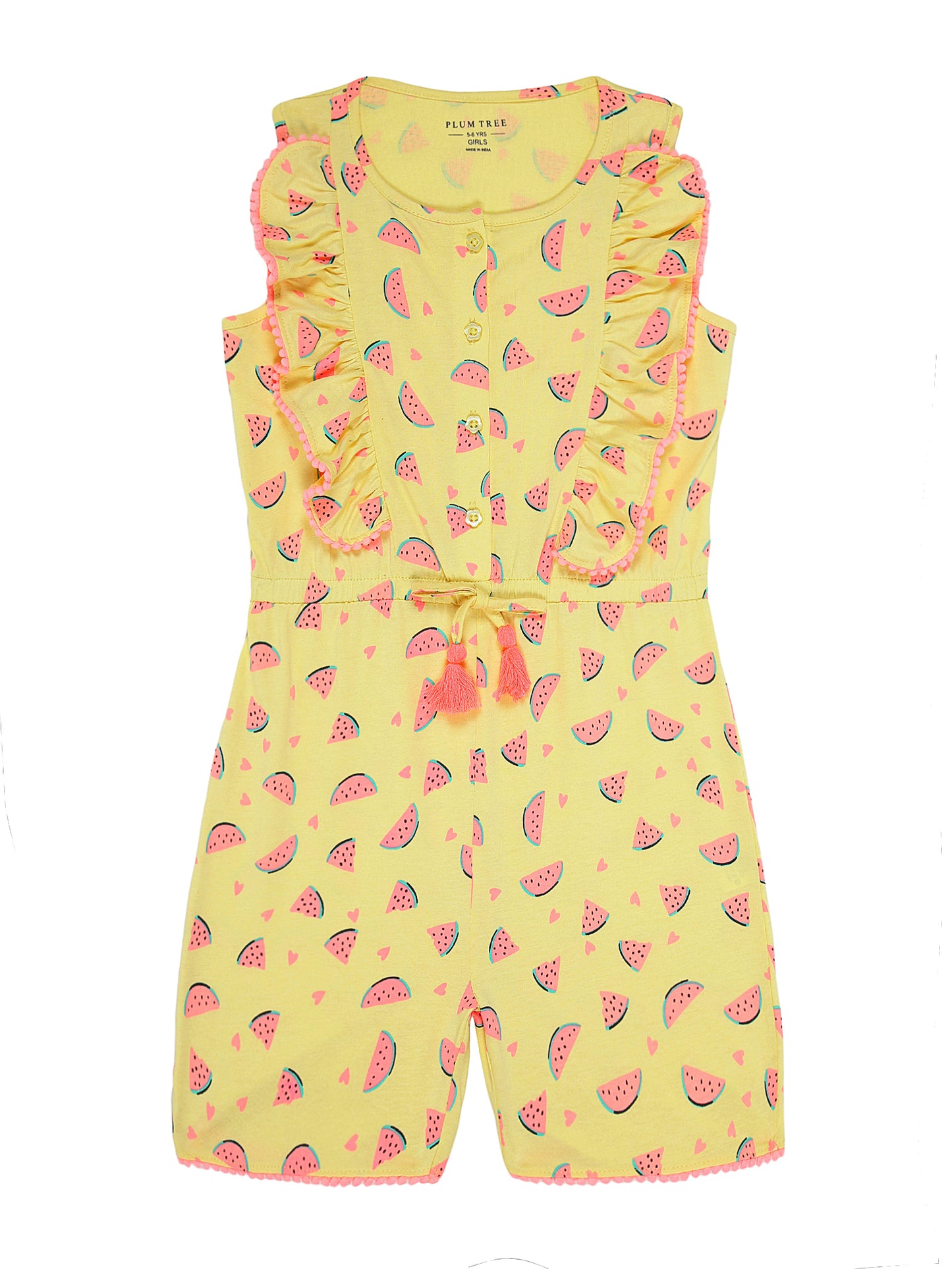 Girls Pure Cotton Printed Playsuit-YELLOW
