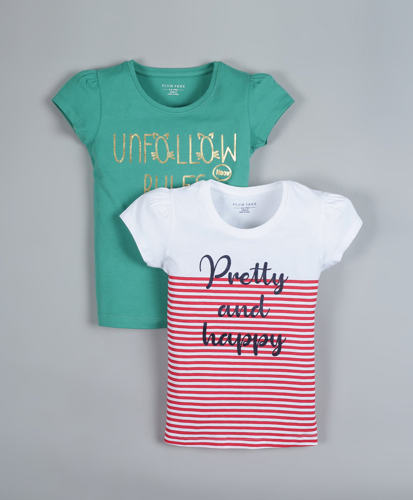 Plum Tree Girls Red striper Print T-shirt ( Pack of 2)-STRIPER GREEN