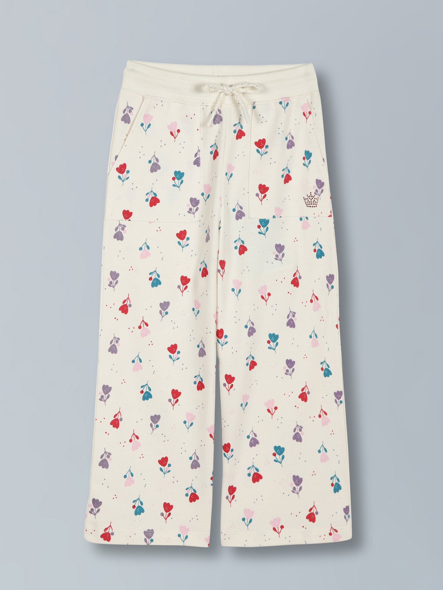 Girls Flower AOP & Crown Stone wide leg relaxed Fit Cotton Trouser - vanilla