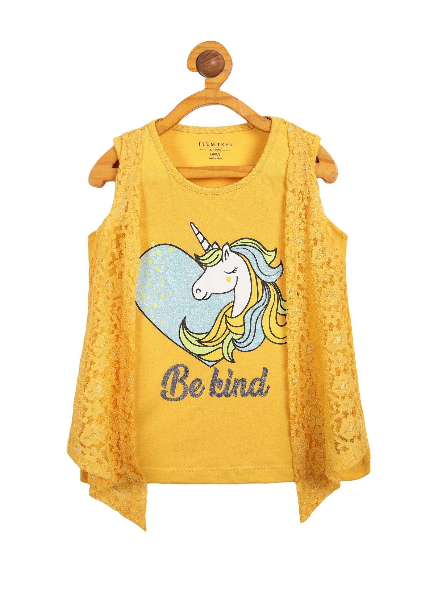 Girls Set of 2 printed pure cotton Sleeveless T-shirts attached with Lace Shrug-PEARL WHITE YELLOW