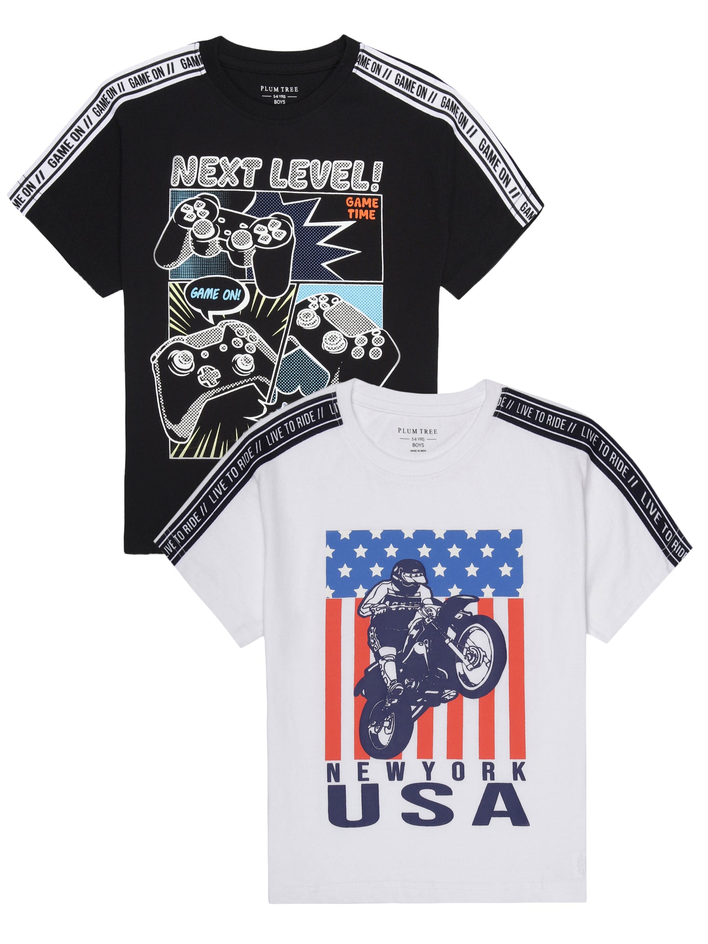 Boys set of 2 printed pure cotton T-shirts with printed tape on shoulder
