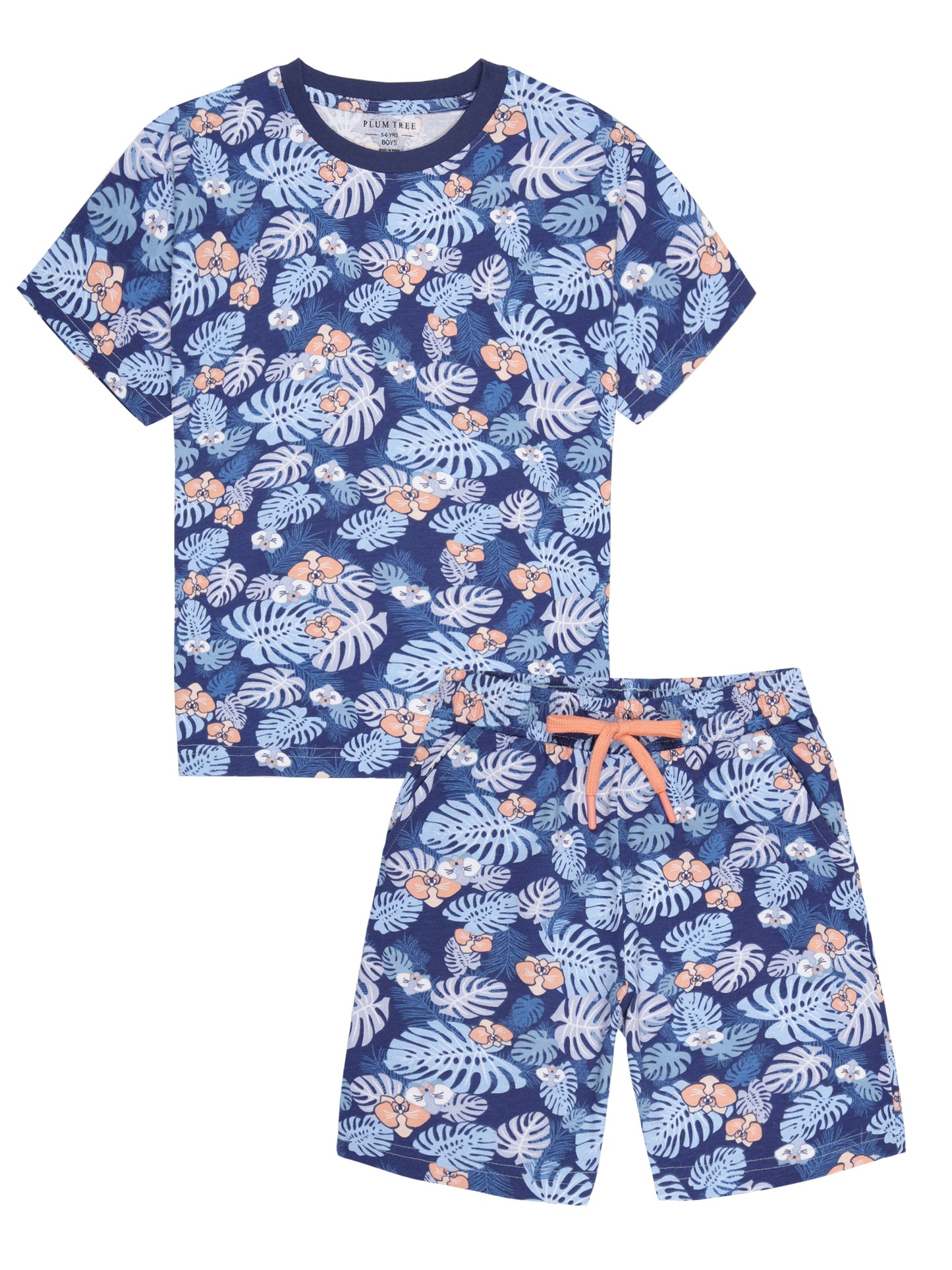 Boys 2 piece pure cotton All Over Printed Co-ordinating Top and Short Set-COBALT TROPICAL AOP