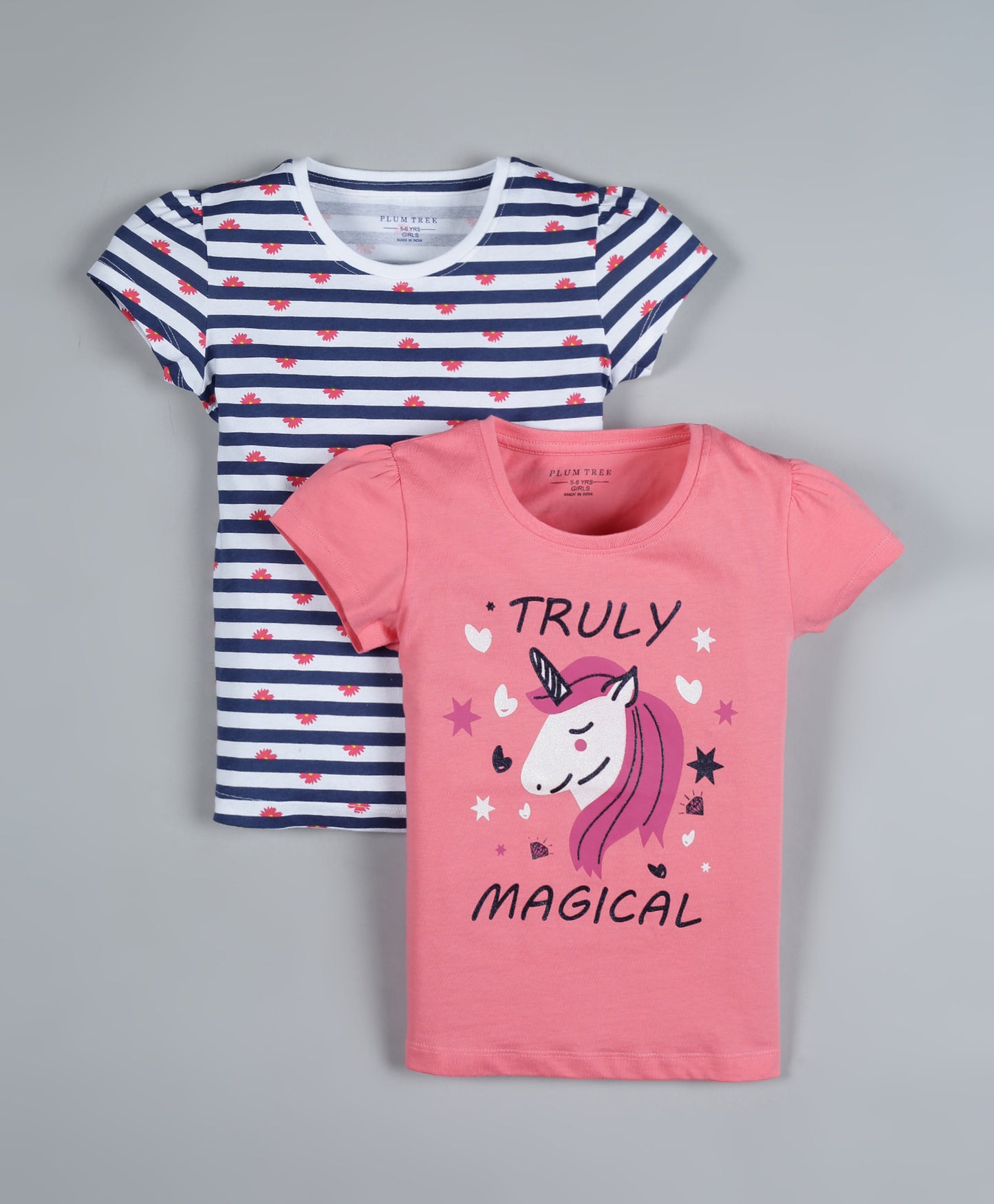 Plum Tree Girls Unicorn Magical Print T-shirt ( Pack of 2)-PINK & STRIPER