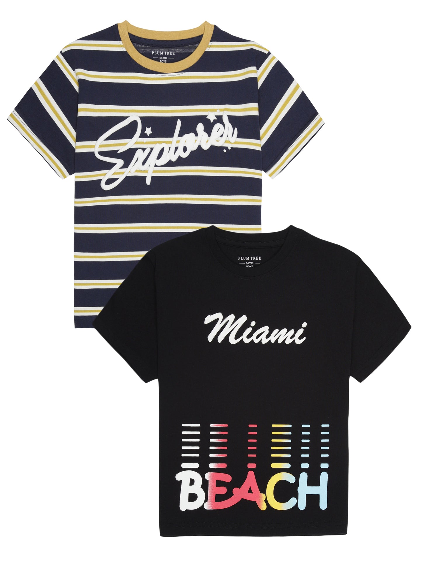 Boys set of 2 printed pure cotton T-shirts with Striper Print-BLACK TRUE NAVY