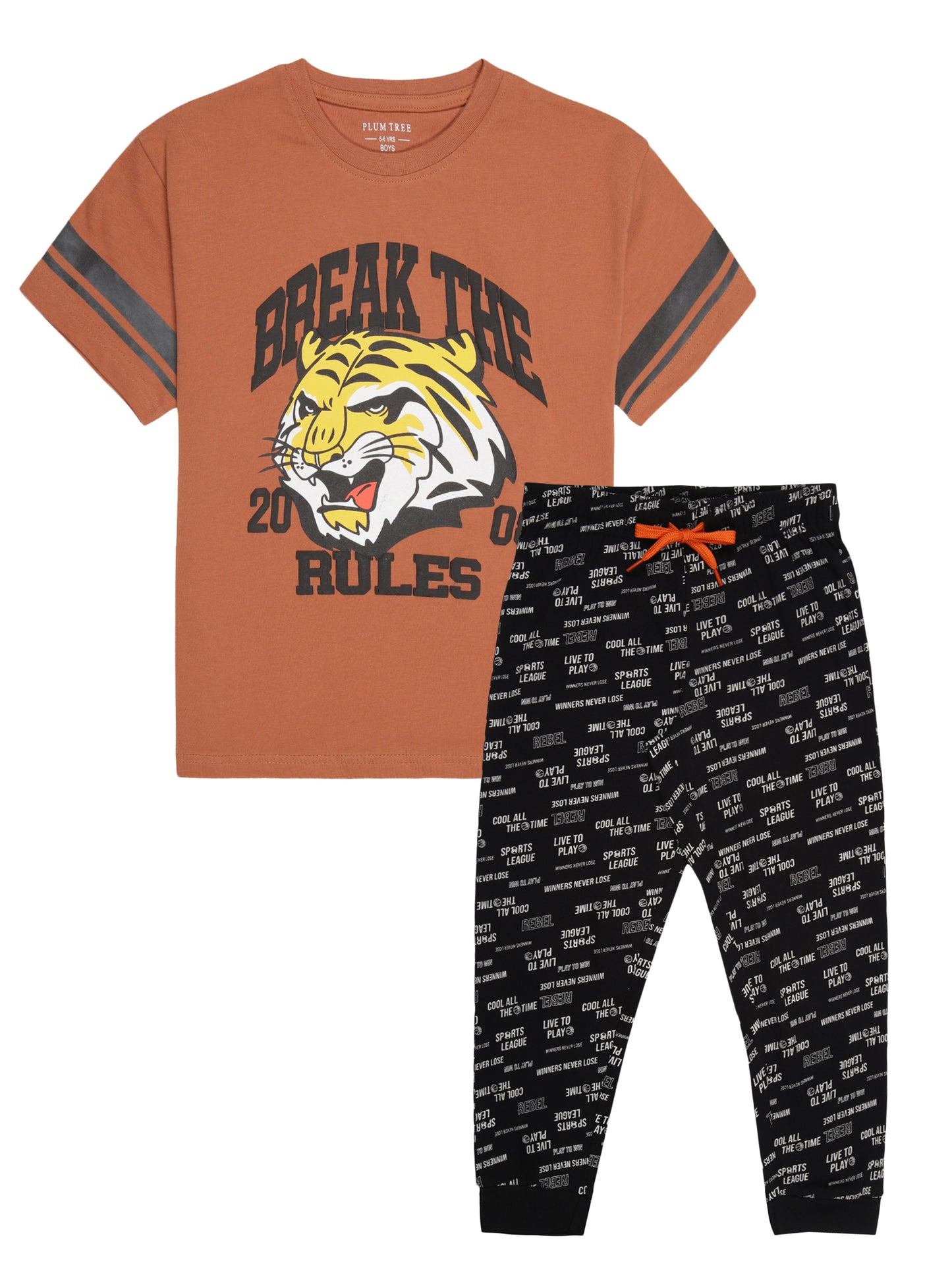 Boys 2 piece pure cotton printed top & knit Jogger Set-BRICK NEW STANDARD BLACK