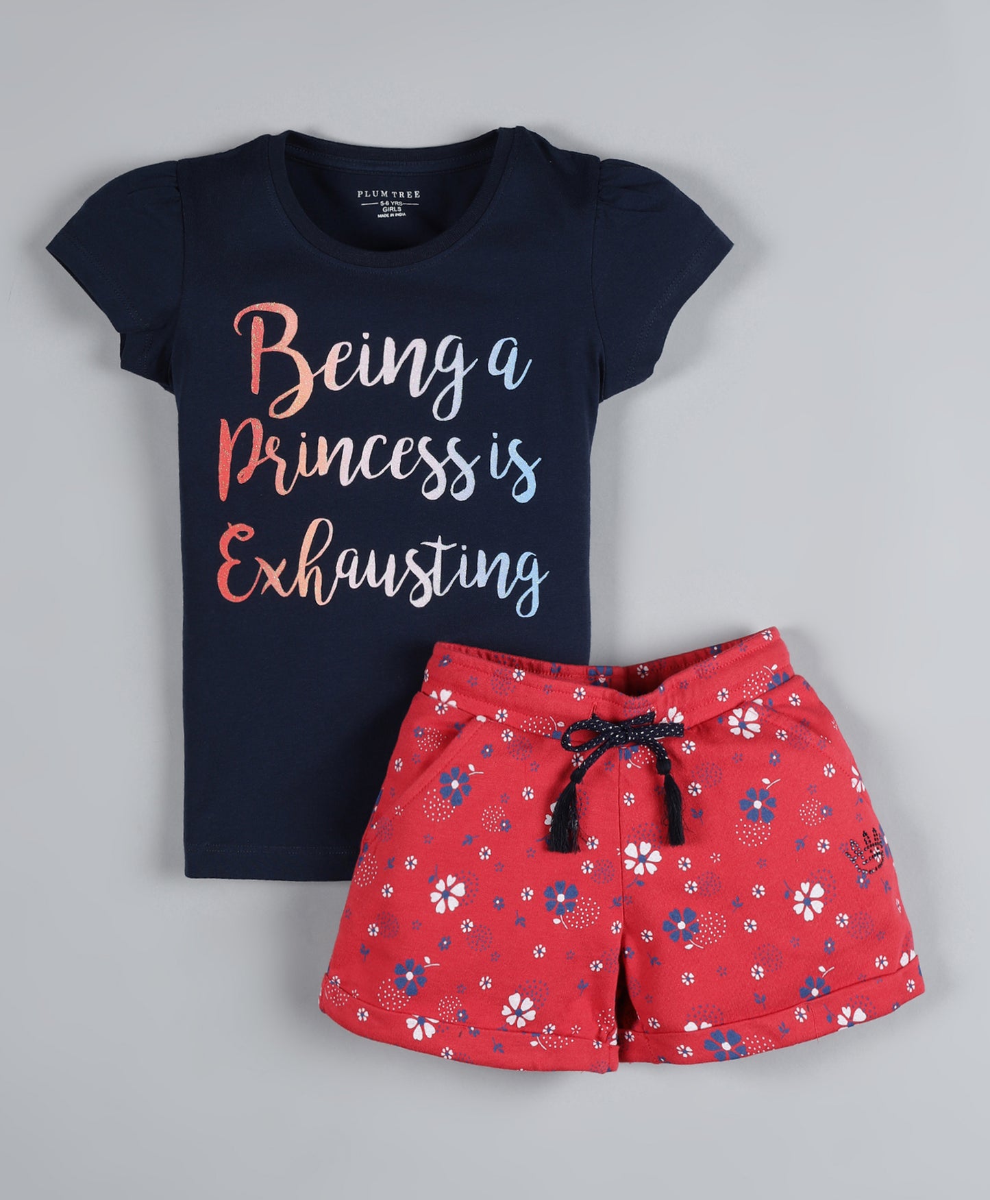 Plum Tree Girls Half Sleeve Princess Print T-shirt and Short( Pack of 2)-NAVY RED