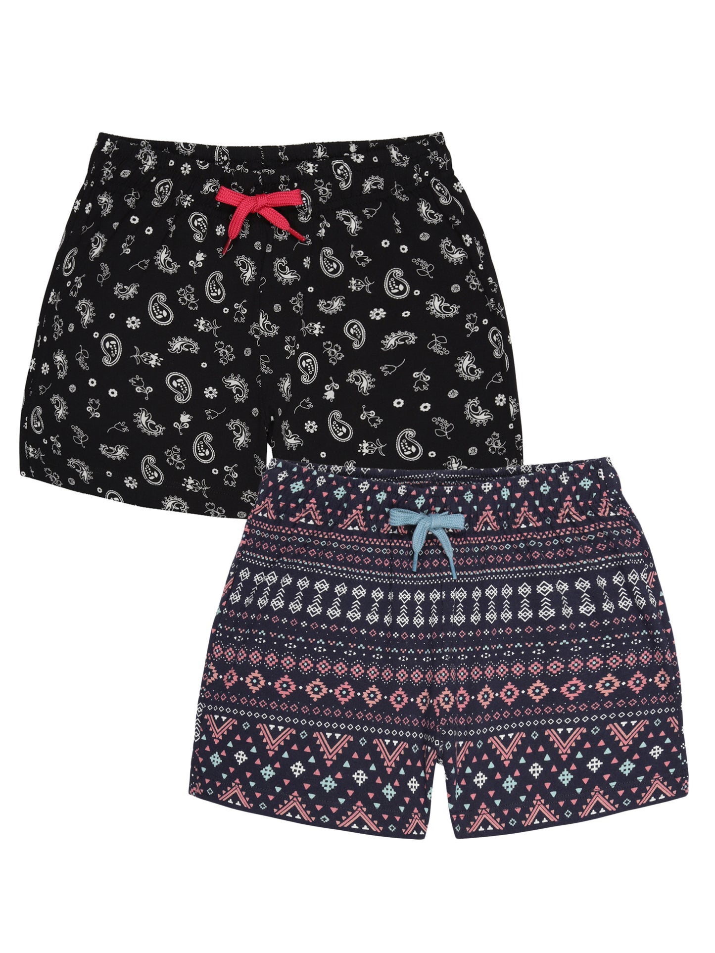 Girls Pure cotton 2 pack All Over Printed Shorts-BLACK TRUE NAVY