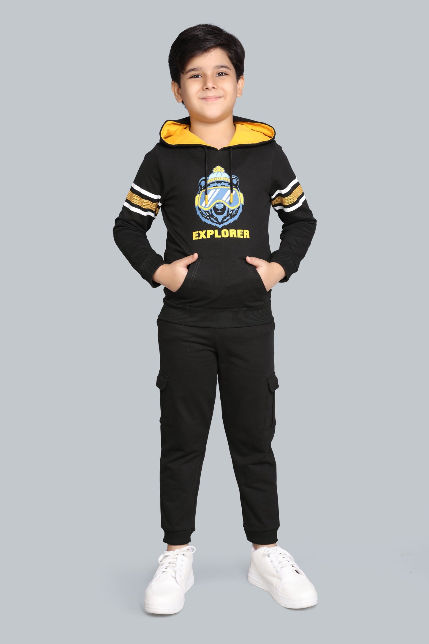 Boys Hooded Sweatshirt with Raised Print And Cargo Pocket Jogger Pants