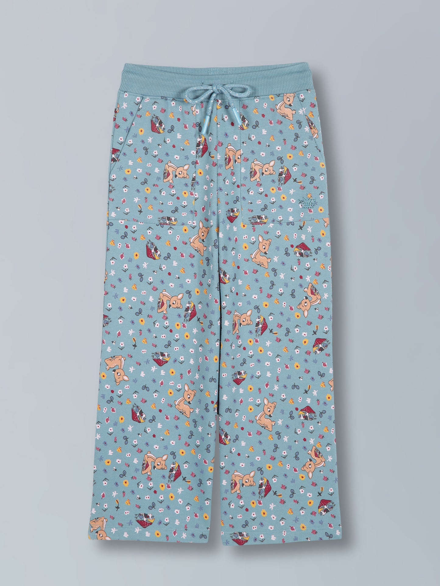 Girls Deer AOP & Crown Stone wide leg relaxed Fit Cotton Trouser - Teal Blue