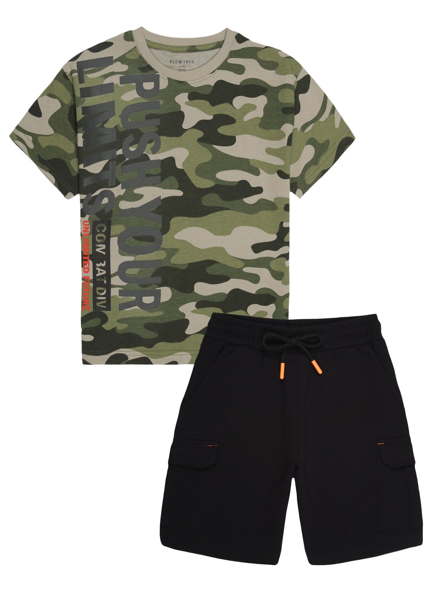 Boys 2 piece pure cotton printed top & knit Cargo Shorts Set-OLIVE CAMO AOP BLACK