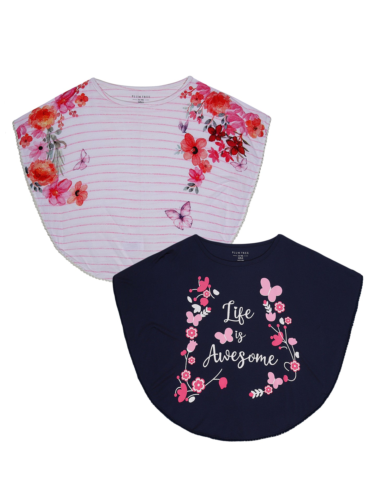 Girls Set of 2 printed Soft Rayon Poncho T-shirts-OFF WHITE BLUE
