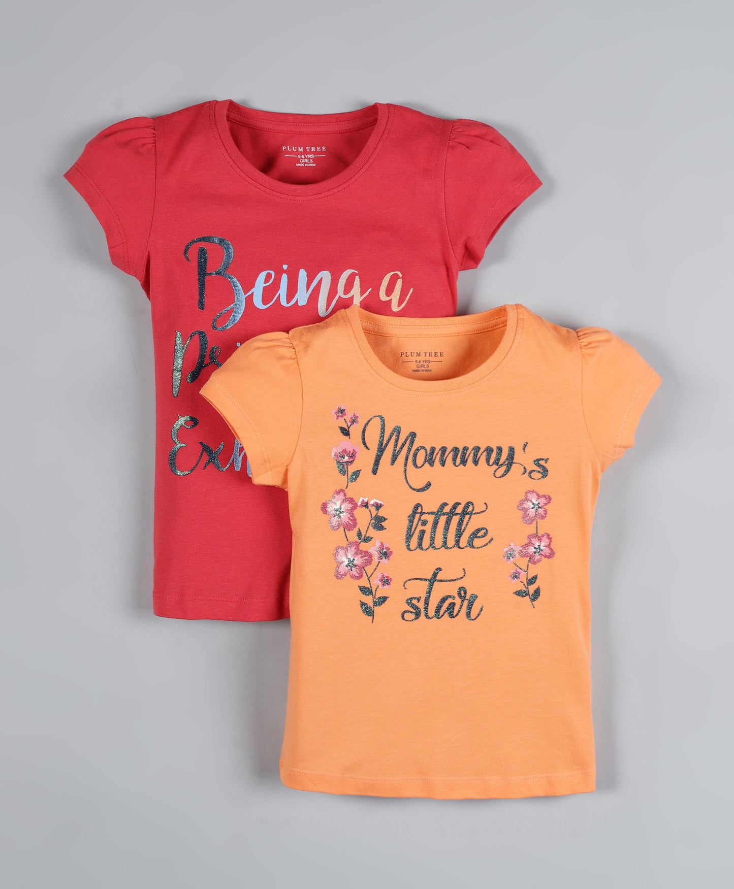 Plum Tree Girls Princess Print T-shirt ( Pack of 2)-ORANGE RED