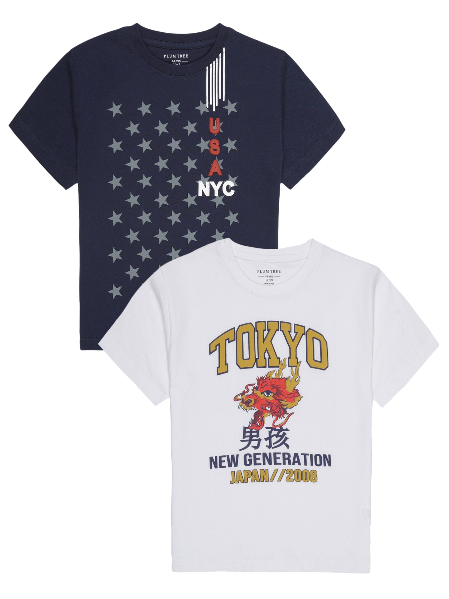 Boys set of 2 printed pure cotton T-shirts with Raised Print-OFF WHITE NAVY