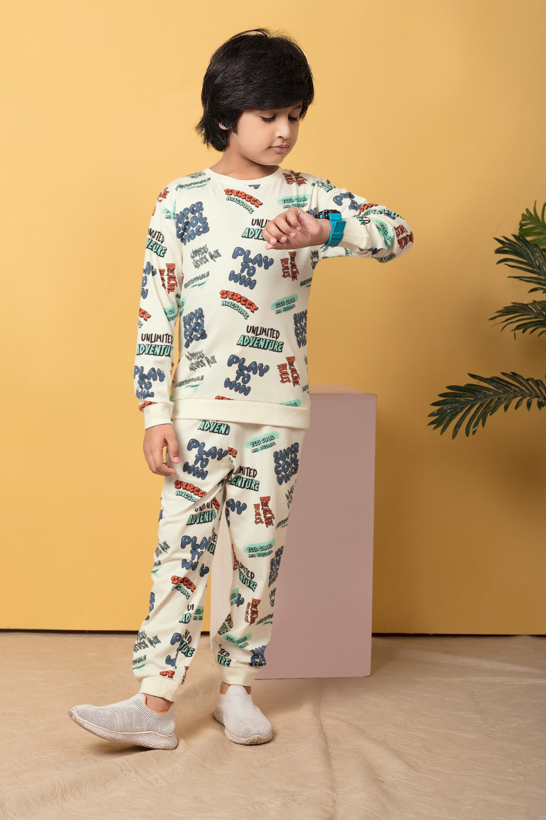 Plum Tree Boys 100% Cotton Full Sleeve Super Cool Printed T-Shirt & Jogger Set ( Pack Of 2) - Offwhite