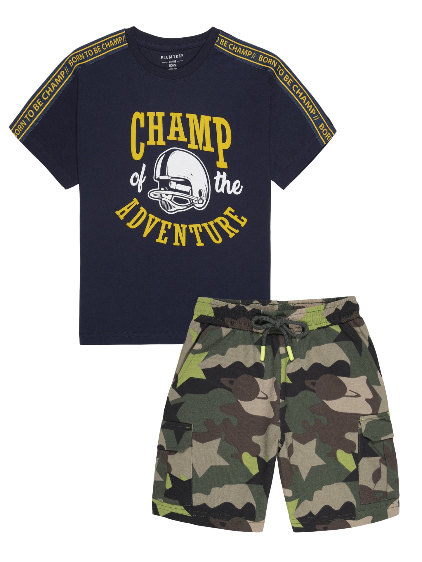 Boys 2 piece pure cotton printed top & knit Cargo Shorts Set-TRUE NAVY CAMO AOP