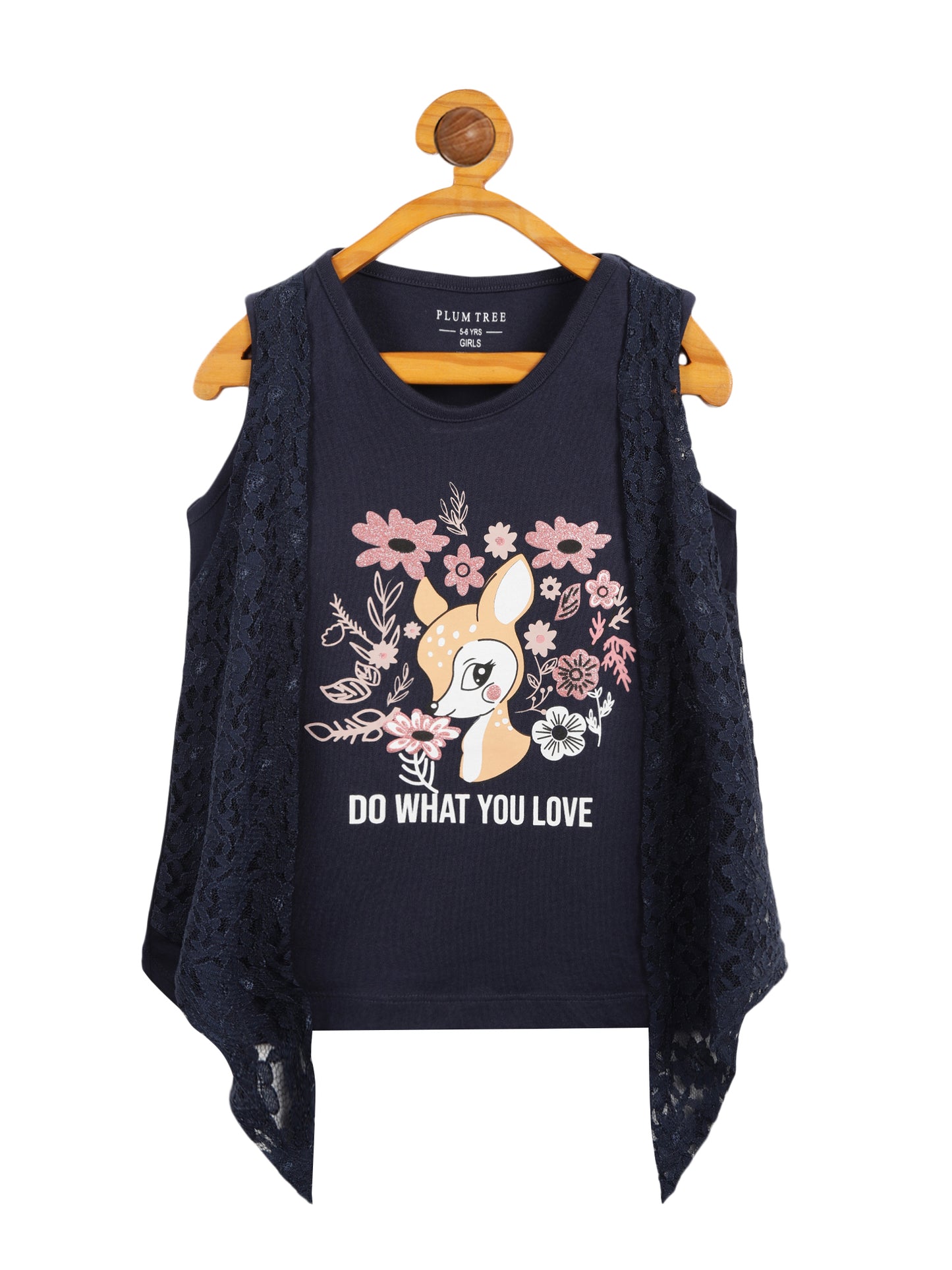 Girls Set of 2 printed pure cotton Sleeveless T-shirts attached with Lace Shrug-CORAL NAVY