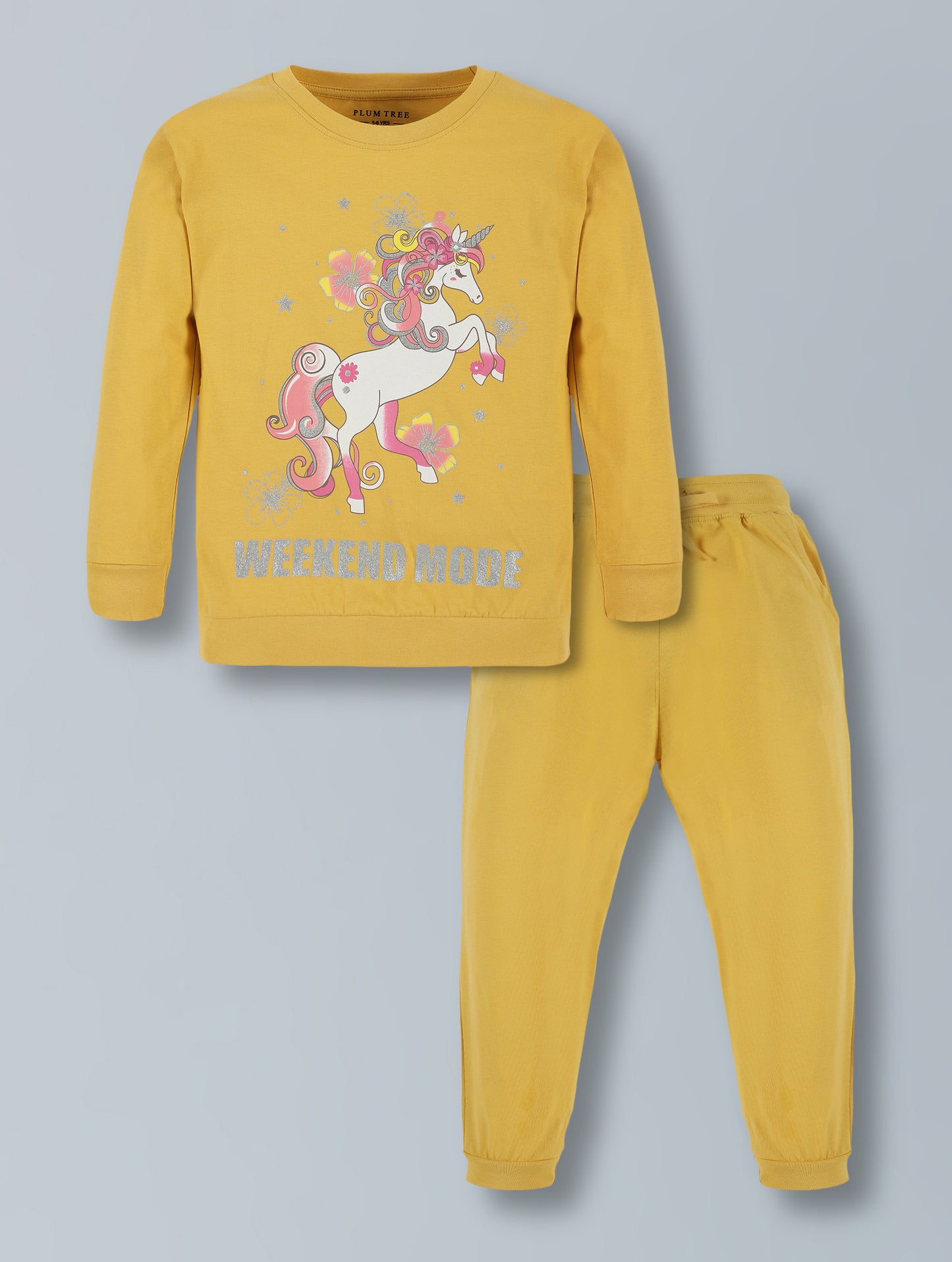 Plum Tree Girls 100% Cotton Horse Printed Full Sleeve T-Shirt & Jogger (Set)