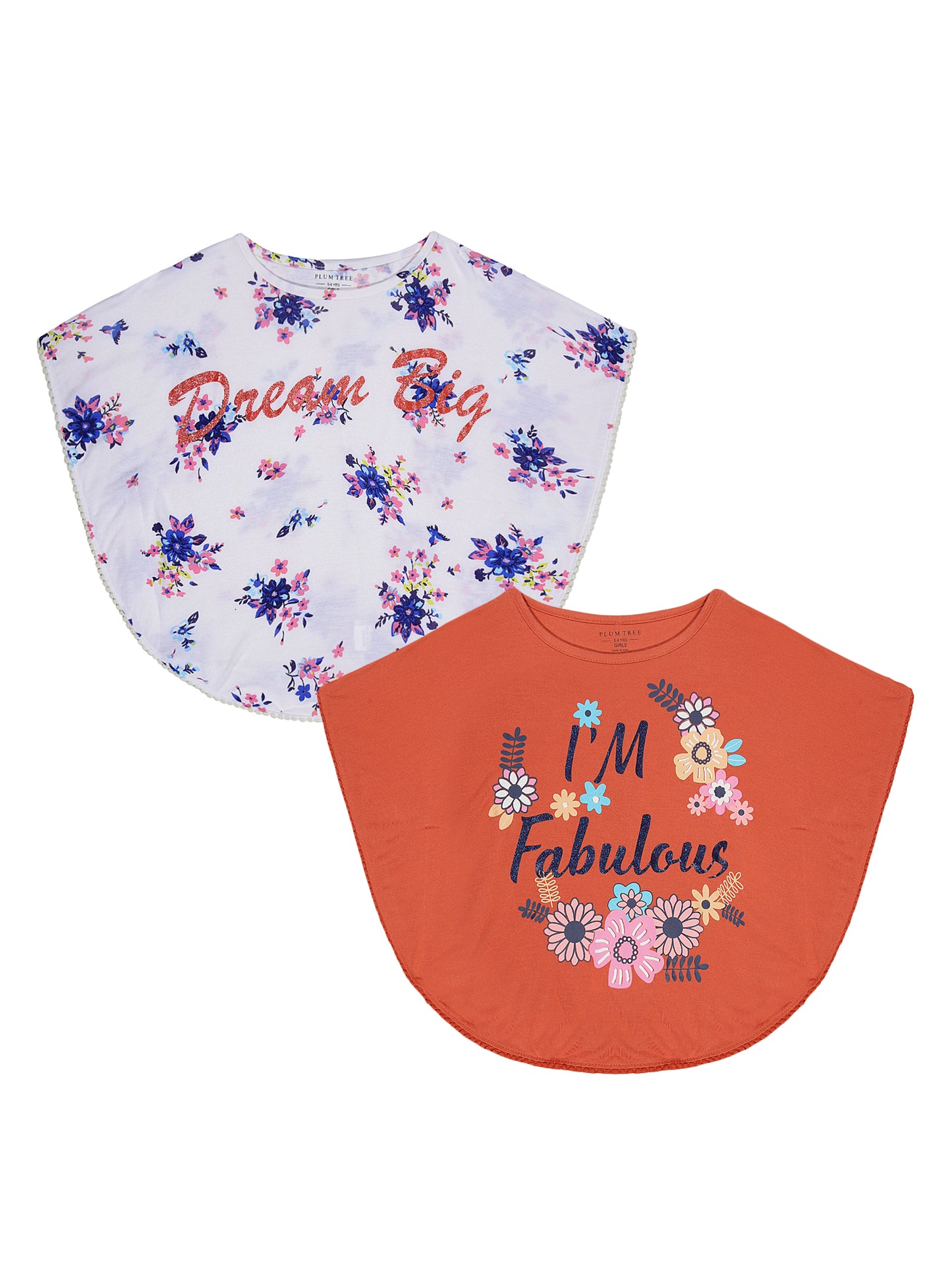 Girls Set of 2 printed Soft Rayon Poncho T-shirts-OFF WHITE ORANGE