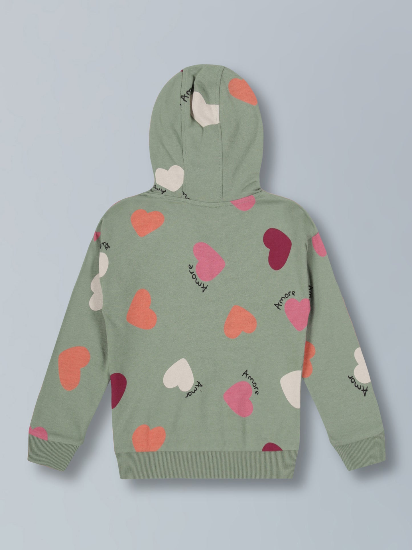 Heart AOP & Magic Is All Around Print Hooded Cotton sweatshirt - Moss Green