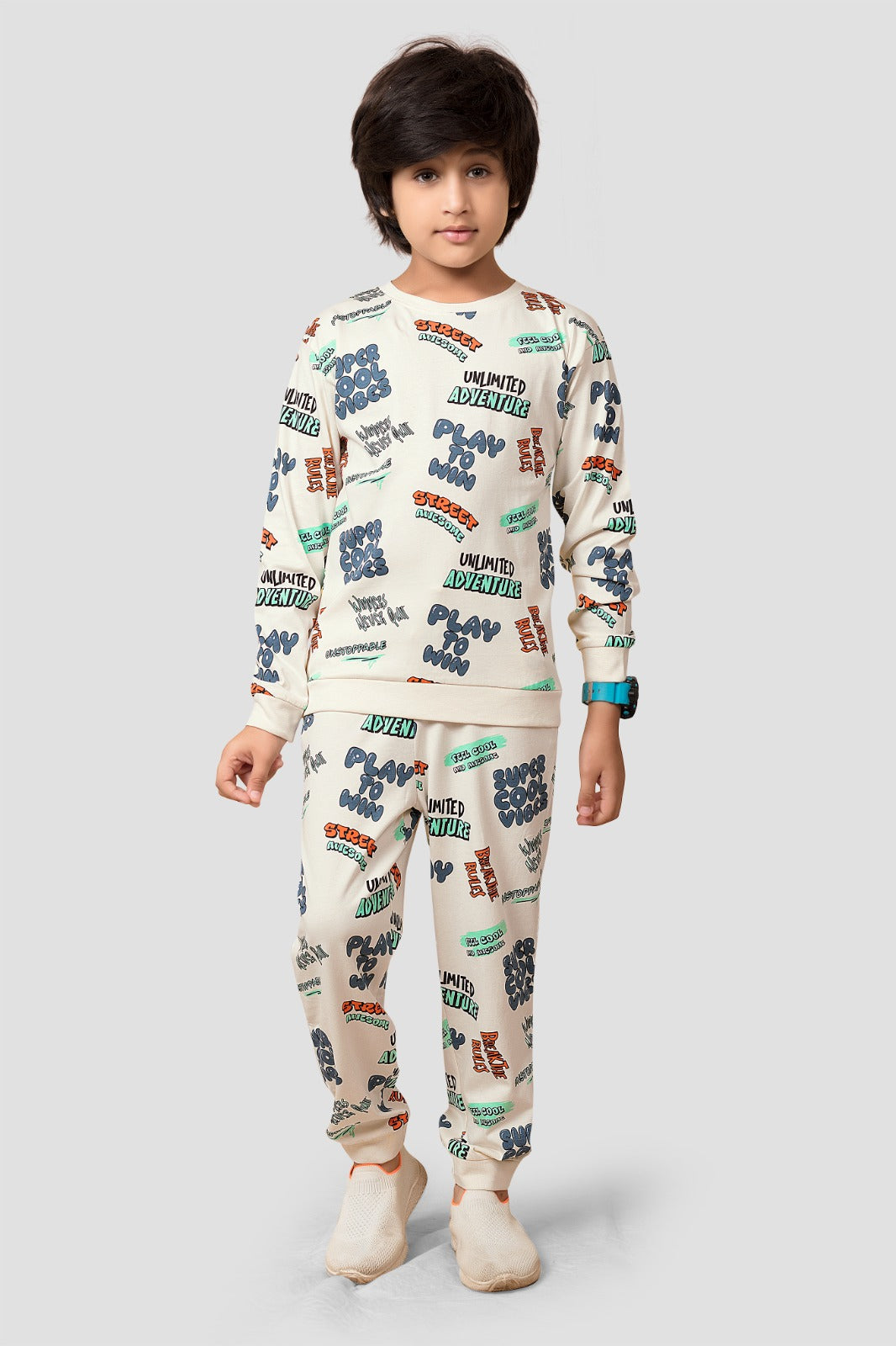Plum Tree Boys 100% Cotton Full Sleeve Super Cool Printed T-Shirt & Jogger Set ( Pack Of 2) - Offwhite