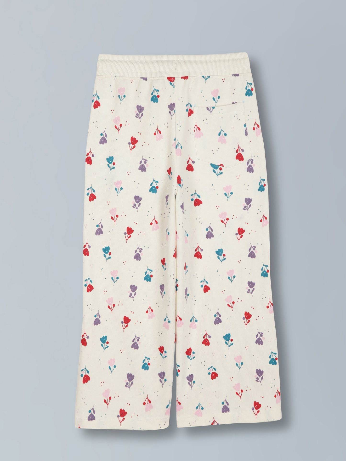 Girls Flower AOP & Crown Stone wide leg relaxed Fit Cotton Trouser - vanilla