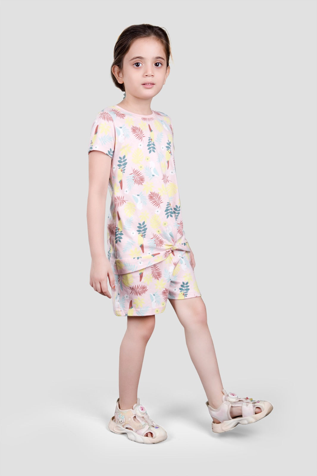 Girls 2 piece pure cotton All Over Printed Co-ordinating Top and Short Set-SOFT PINK AOP