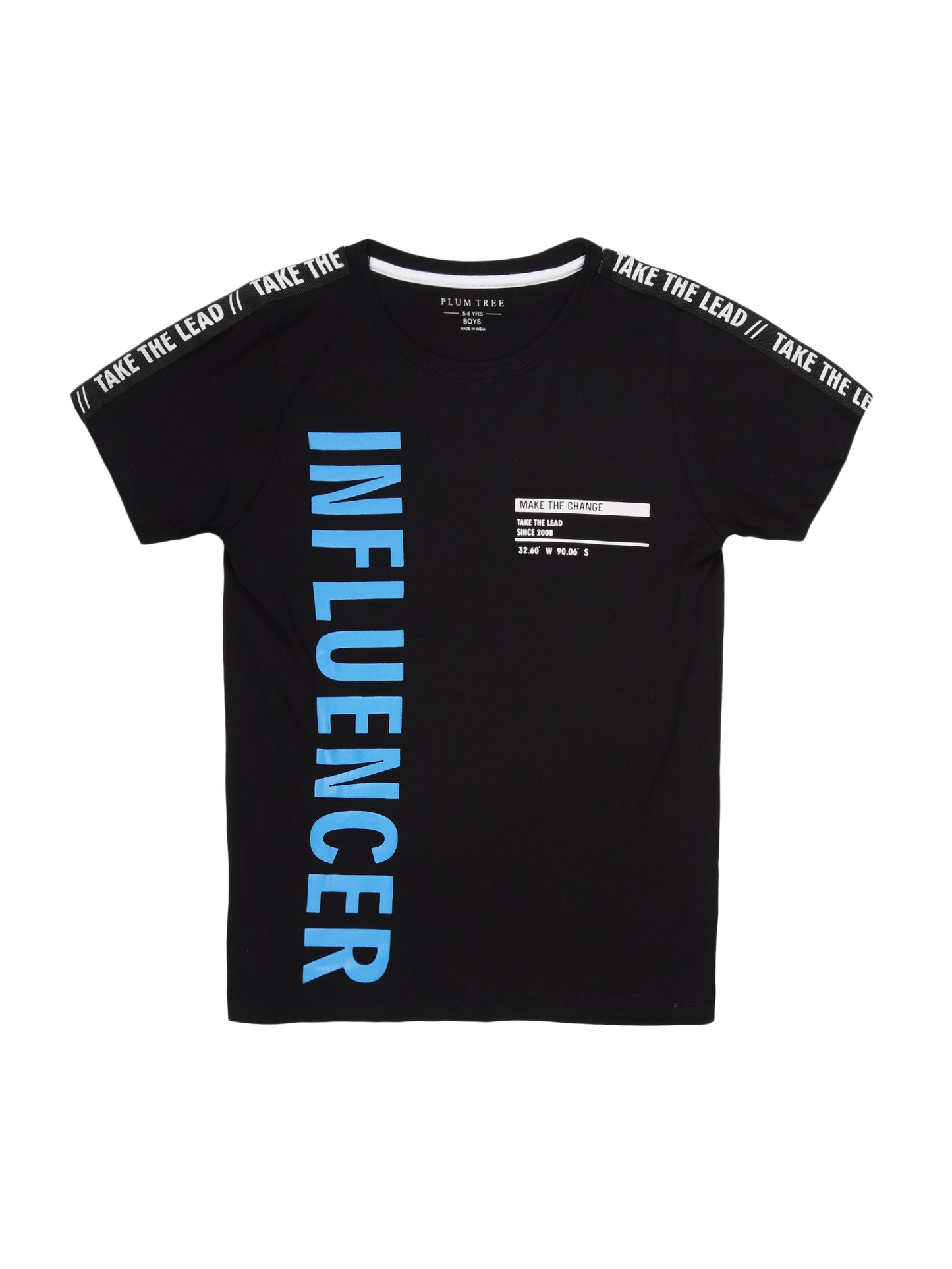 Boys set of 2 printed pure cotton T-shirts with printed tape on shoulder-BLACK ORANGE