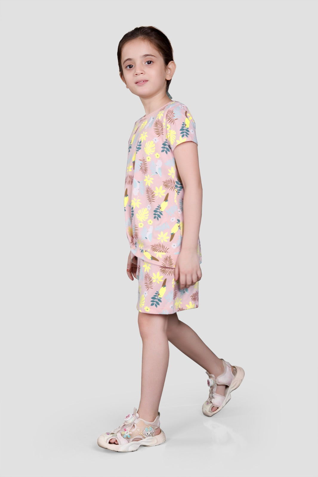 Girls 2 piece pure cotton All Over Printed Co-ordinating Top and Short Set-SOFT PINK AOP
