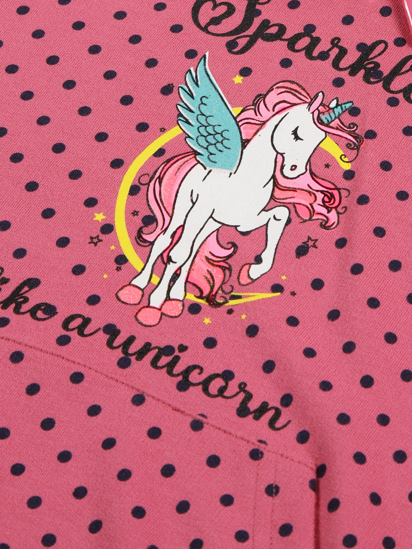 Girls Polka AOP & Sparkle Like A Unicorn Hooded Cotton sweatshirt - Lovely Pink