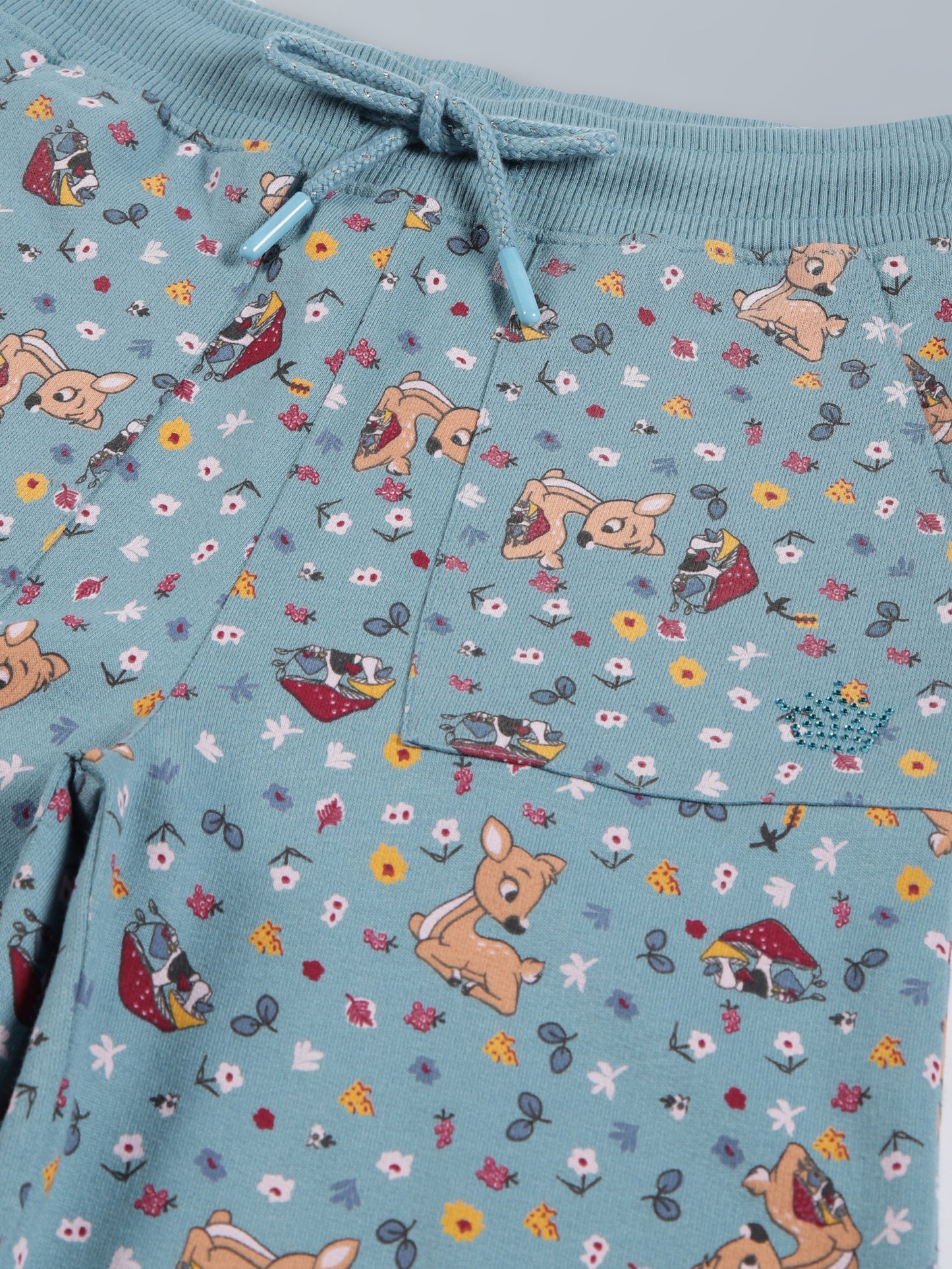 Girls Deer AOP & Crown Stone wide leg relaxed Fit Cotton Trouser - Teal Blue