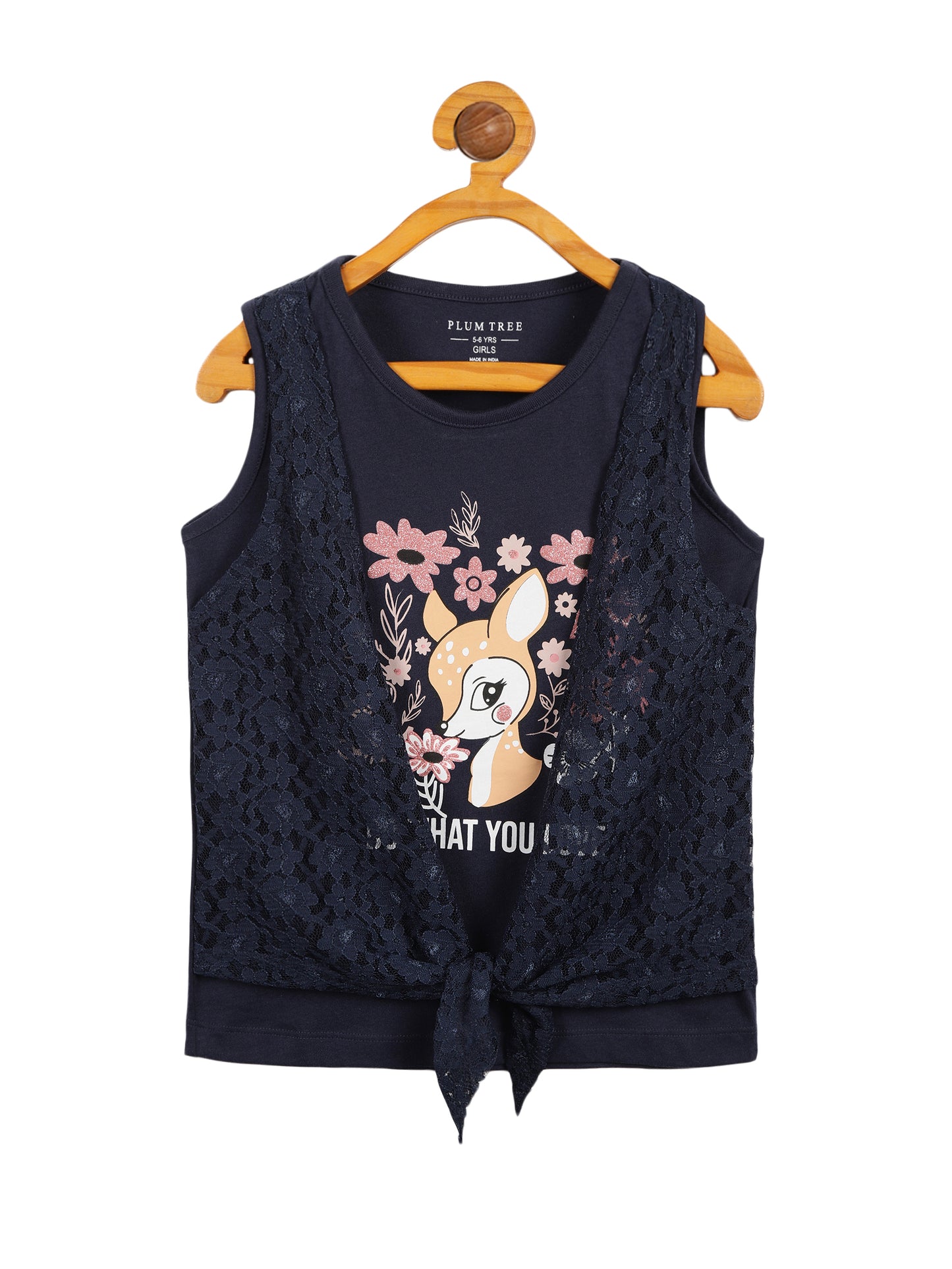 Girls Set of 2 printed pure cotton Sleeveless T-shirts attached with Lace Shrug-CORAL NAVY