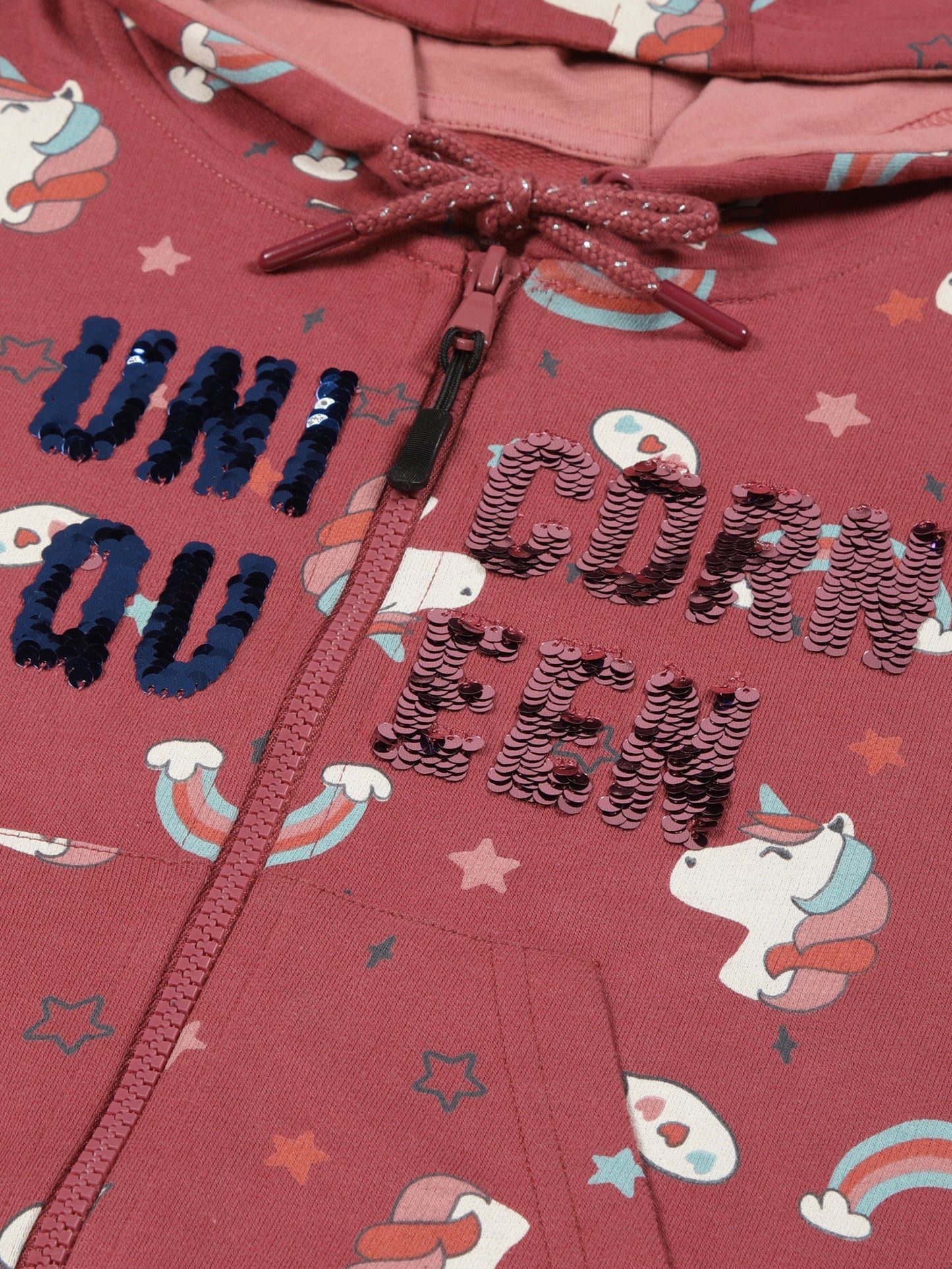 Girls Unicorn AOP & EMB Hooded Front Open Zipper Cotton sweatshirt - Grape