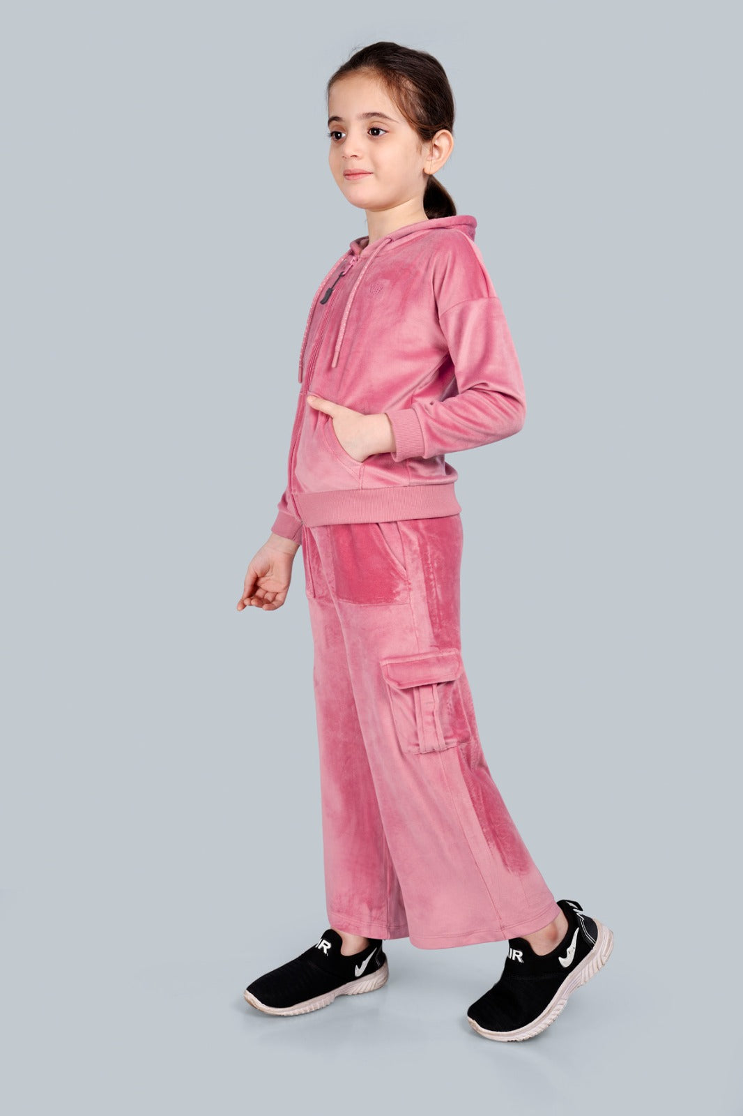 Girls Velour Zip-up Hoodie Sweatshirt and Wide Leg Cargo Pants