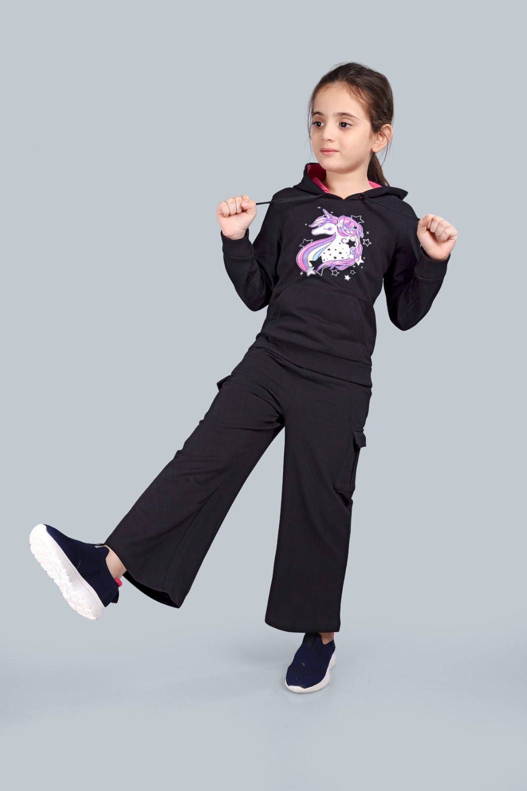 Girls Hooded Reversable Sequin Sweatshirt And Wide Leg Cargo Pocket Pants