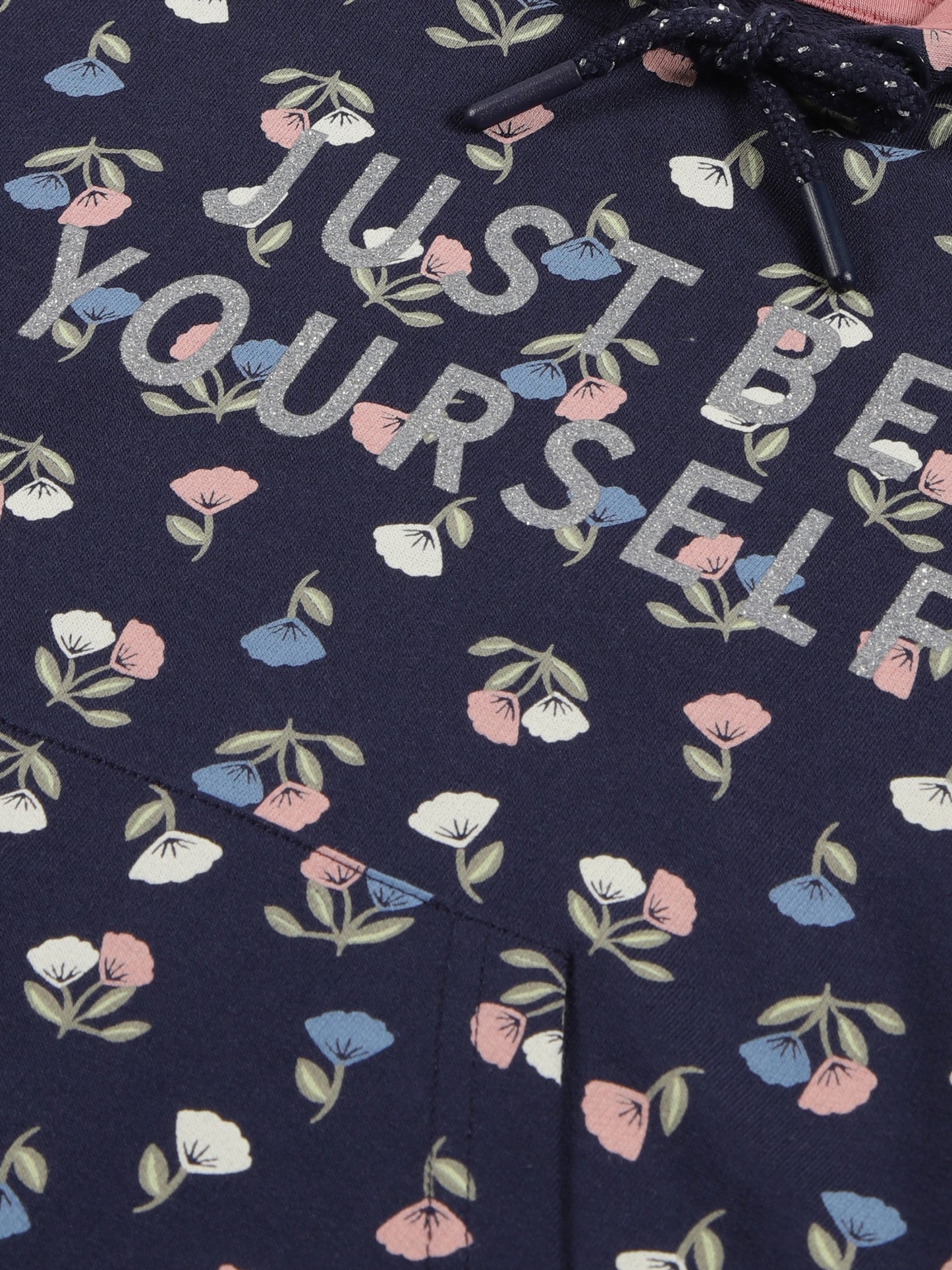 Girls Flower AOP & Just Be Yourself Hooded Cotton sweatshirt - MidNight Navy