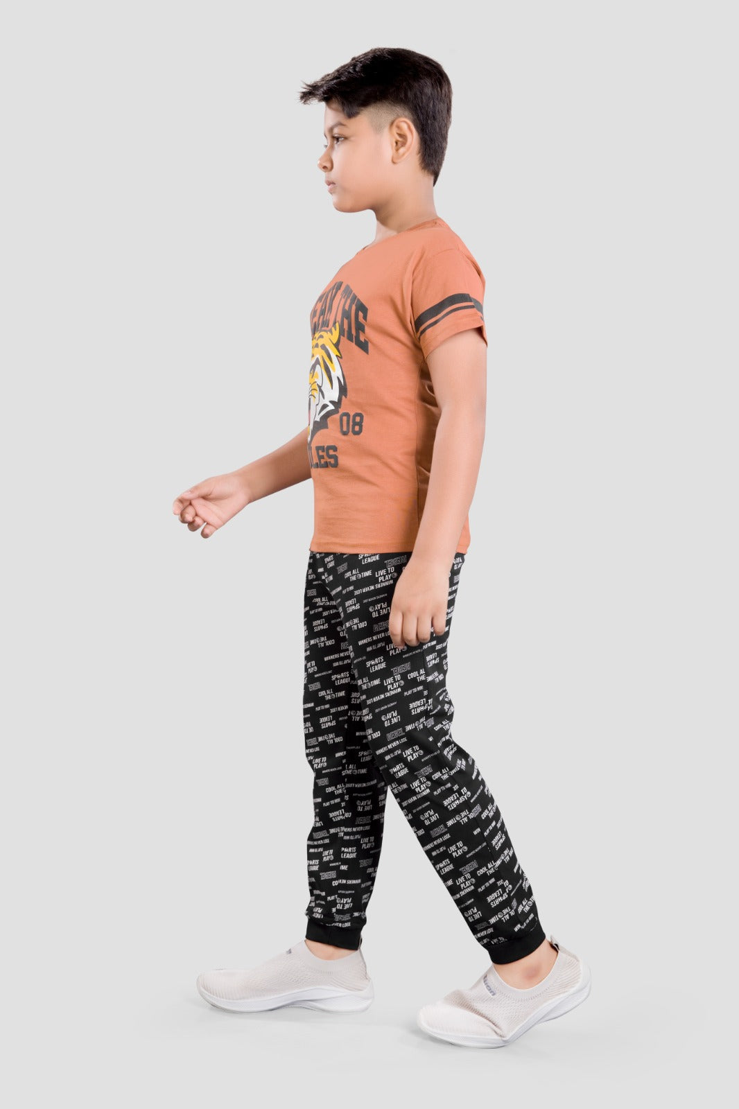 Boys 2 piece pure cotton printed top & knit Jogger Set-BRICK NEW STANDARD BLACK