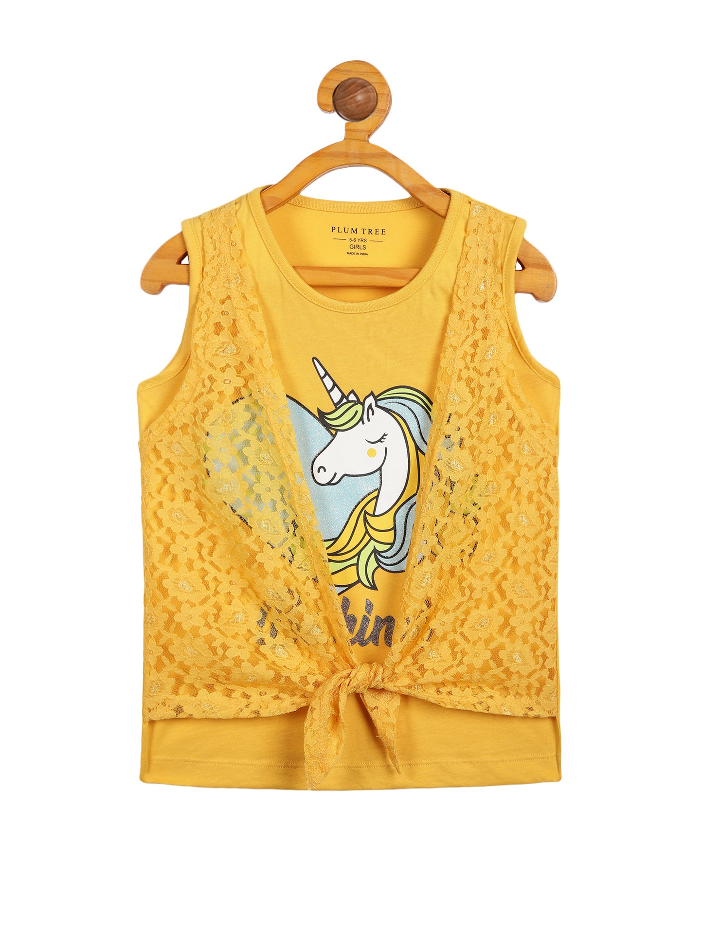 Girls Set of 2 printed pure cotton Sleeveless T-shirts attached with Lace Shrug-PEARL WHITE YELLOW