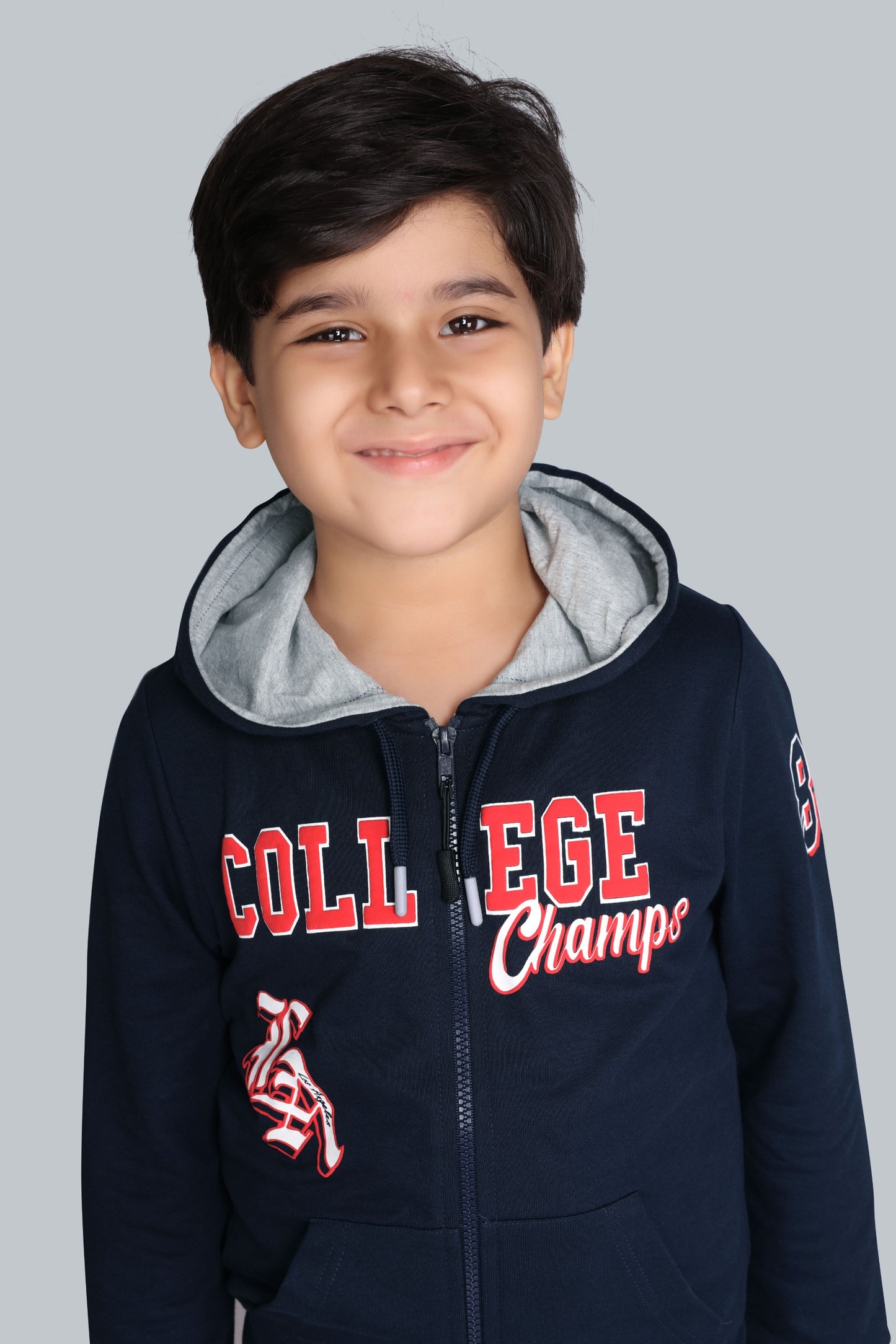 Boys Zip-Up Hoodie With Raised “College Champs” sweatshirt And Cargo Pocket Jogger Pants