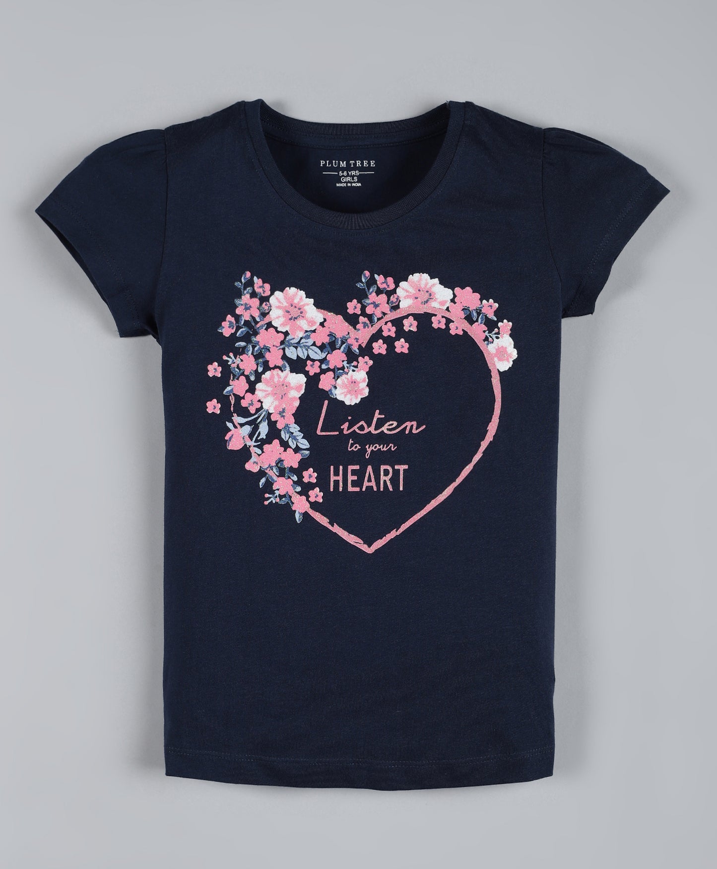 Plum Tree Girls Heart Print T-shirt ( Pack of 2)-NAVY & DARK PINK
