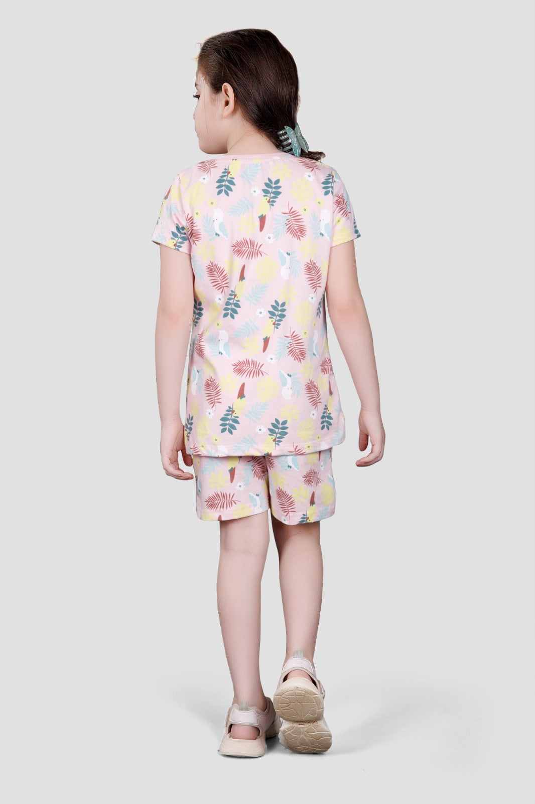 Girls 2 piece pure cotton All Over Printed Co-ordinating Top and Short Set-SOFT PINK AOP