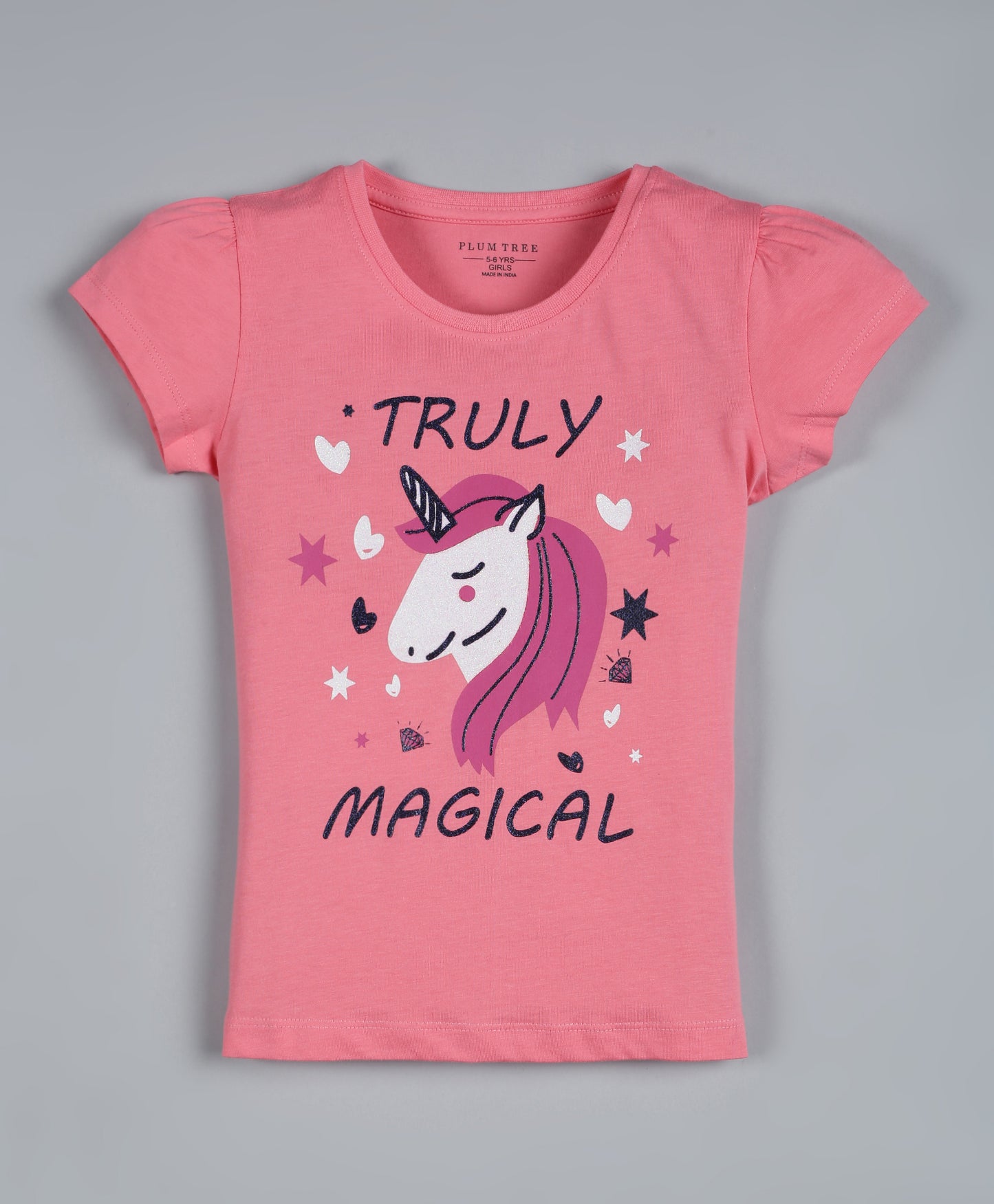 Plum Tree Girls Unicorn Magical Print T-shirt ( Pack of 2)-PINK & STRIPER