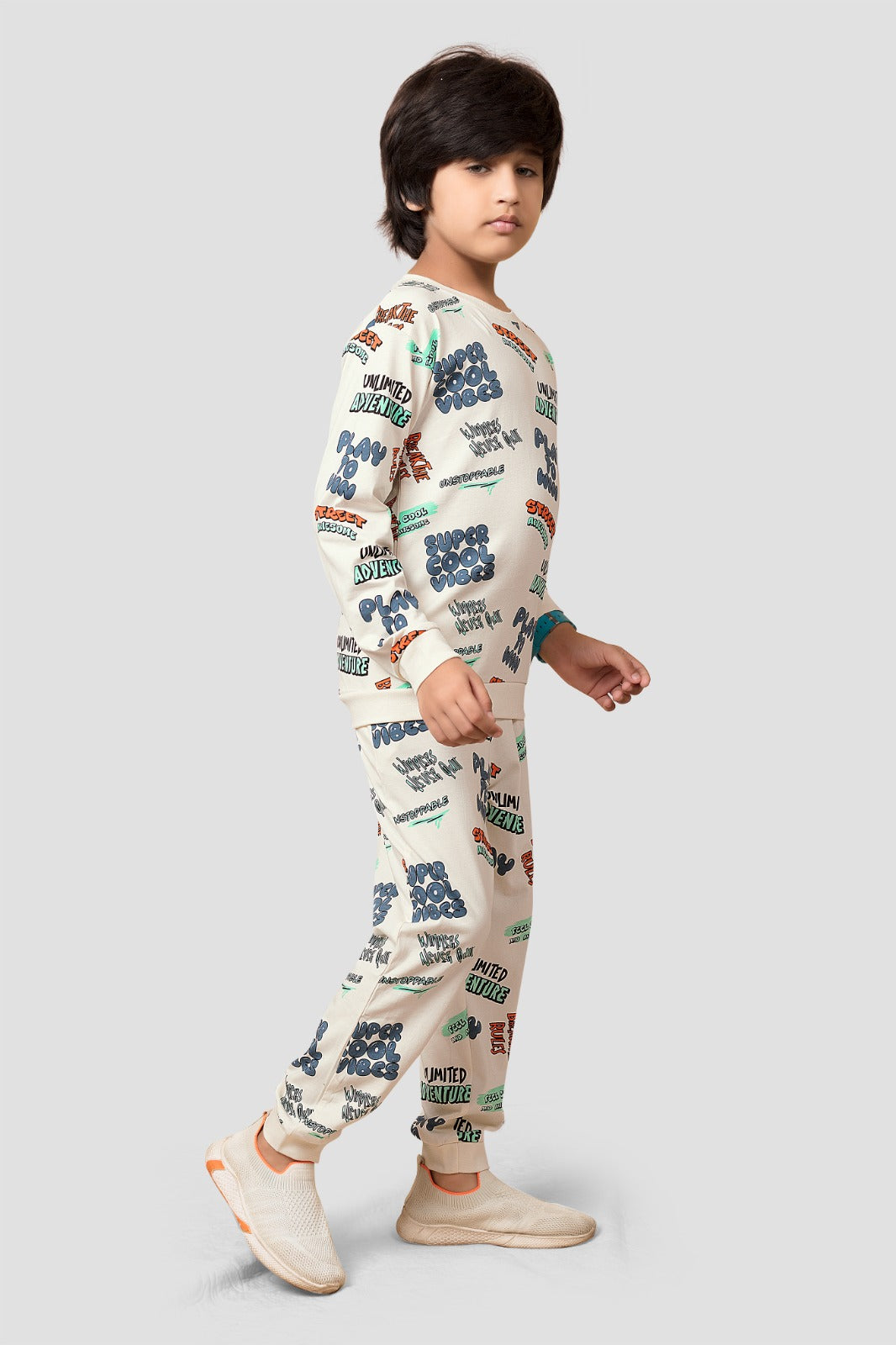 Plum Tree Boys 100% Cotton Full Sleeve Super Cool Printed T-Shirt & Jogger Set ( Pack Of 2) - Offwhite