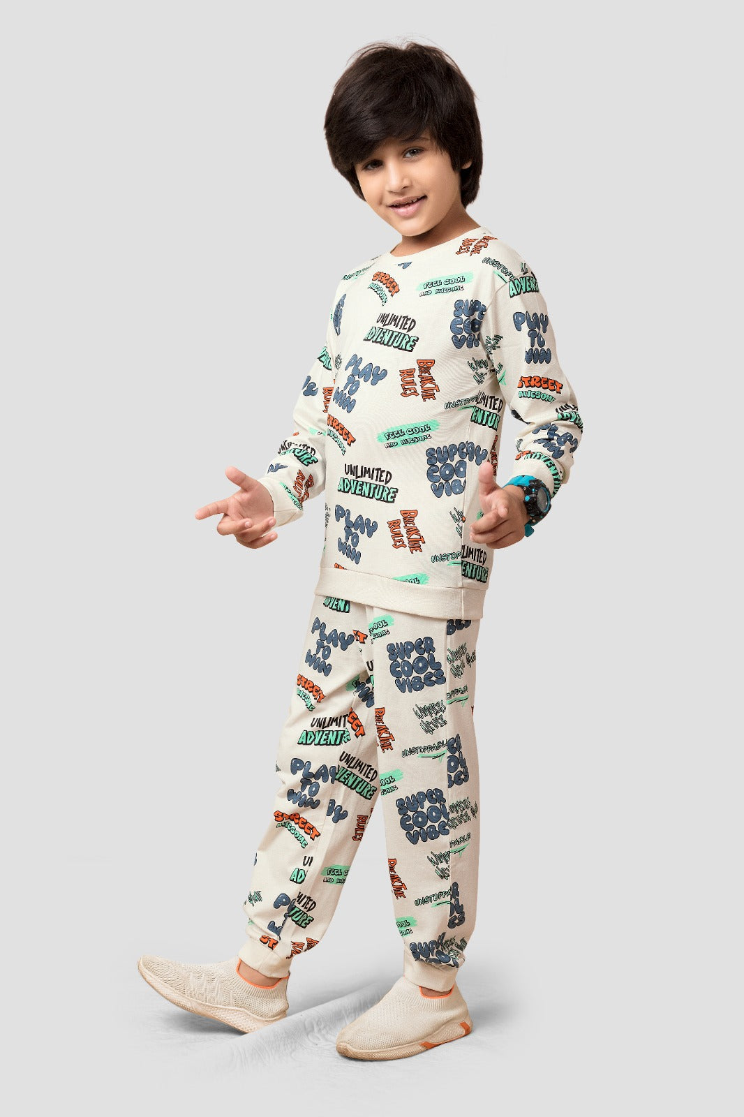 Plum Tree Boys 100% Cotton Full Sleeve Super Cool Printed T-Shirt & Jogger Set ( Pack Of 2) - Offwhite
