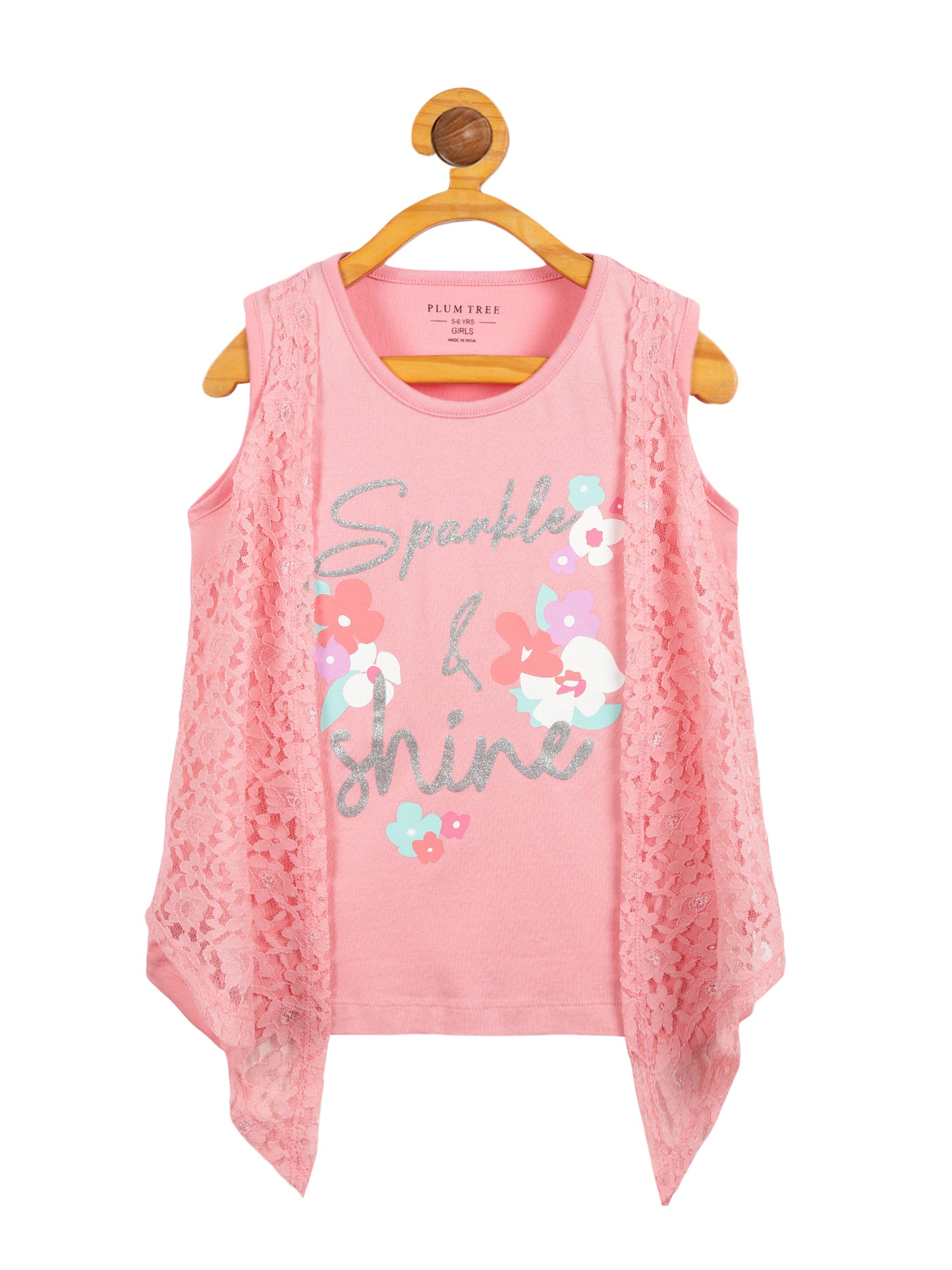 Girls Set of 2 printed pure cotton Sleeveless T-shirts attached with Lace Shrug-CORAL NAVY