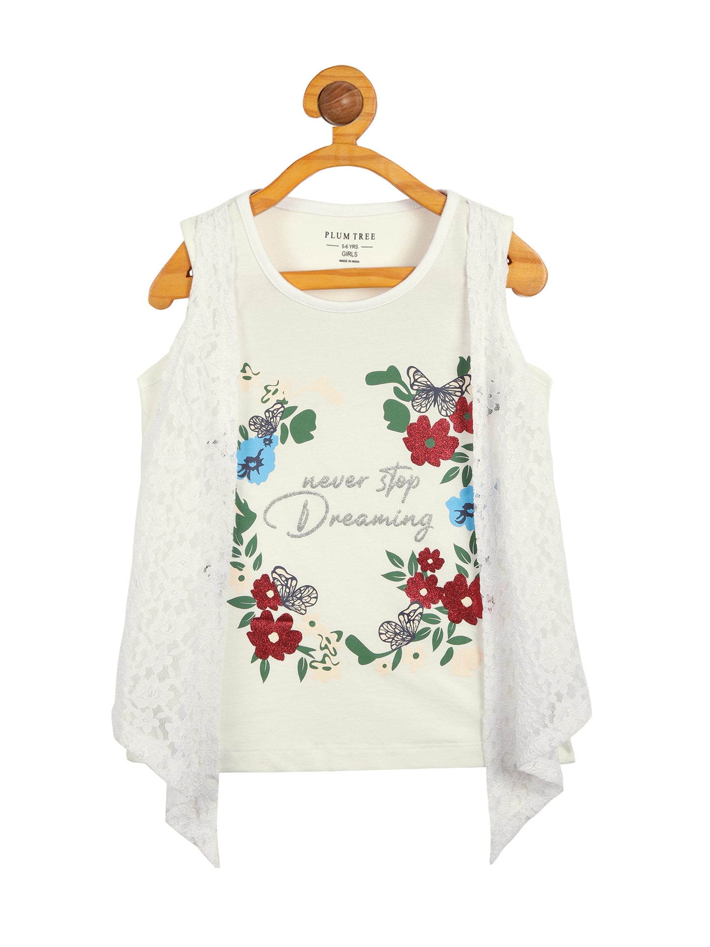 Girls Set of 2 printed pure cotton Sleeveless T-shirts attached with Lace Shrug-PEARL WHITE YELLOW