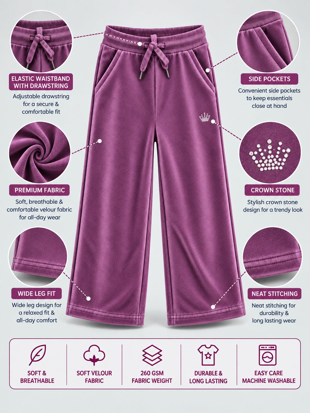 Girls Premium Velour Crown stone Printed Wide Leg Pant