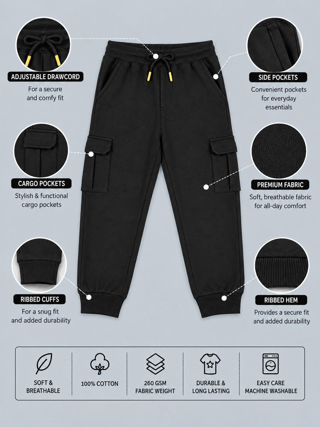 Boys Premium Soft Cotton Solid Cargo Pocket Jogger