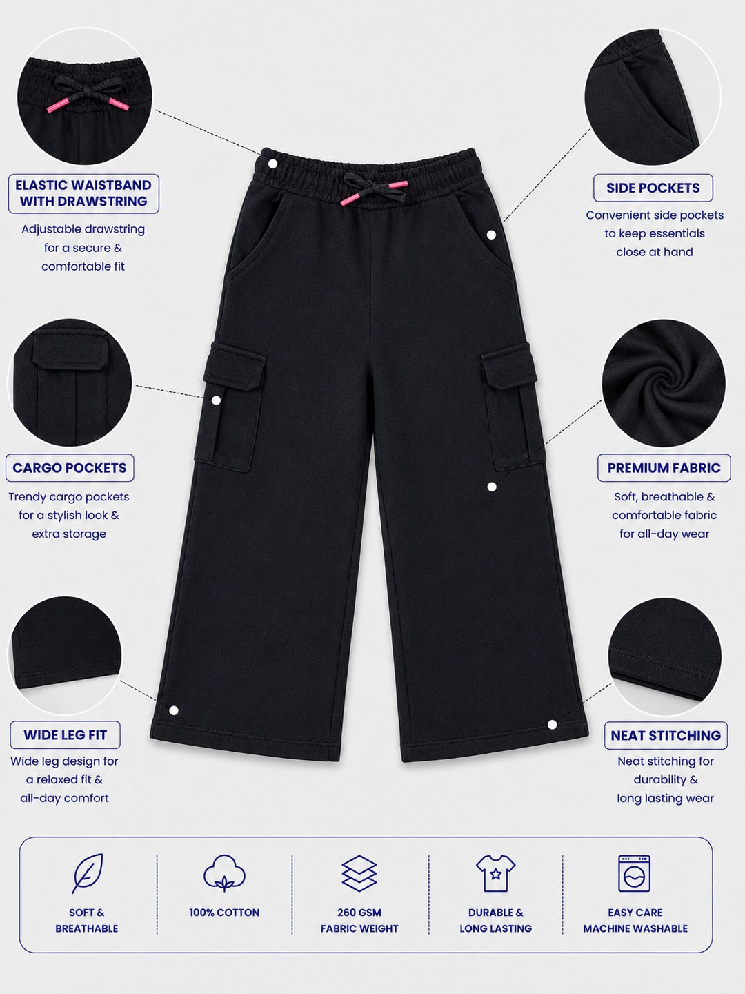 Girls Premium Soft Cotton Wide Leg Cargo Pocket Pants