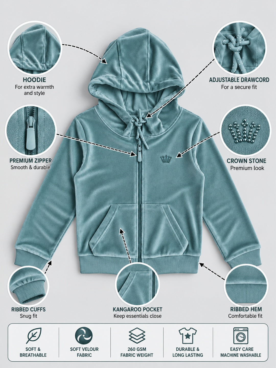 Girls Premium Velour Full Sleeve Solid Full-Zipper Hooded Sweatshirt